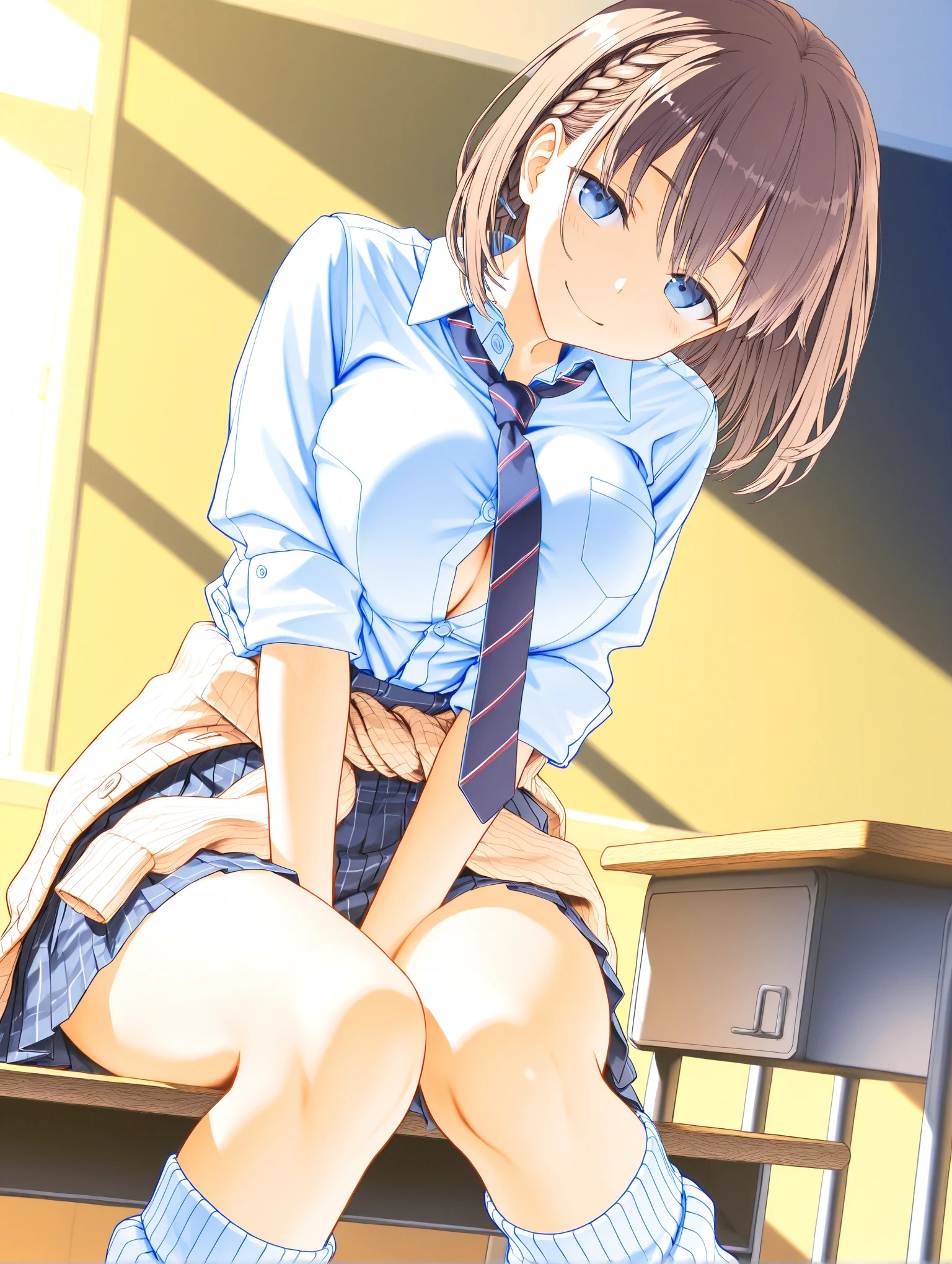 ((japanse beatiful girl:1.3)) ((school uniforms:1.4)) (( shot:1.5)) ((high school)),((dark blue skirt:1.3)) ((in the class room:1.3)) ((thin_fabric:1.4)) ((random sexy pose:1.3)) ((sweaty:1.5))((face is flushed:1.4)) ((small breasts:1.4)) ((close-up:1.2)) best quality,masterpiece,ultra high res,(photorealistic:1.4),raw photo,(Authentic skin texture:1.3),(film grain:1.3),panorama,character portrait,very wide shot,narrow waist,cowboy shot,(in the dark, deep shadow, low key, cold light,) night,(()),streaming tears,,dust,Tyndall effect,(expression),1girl,beautiful detailed eyes and face,white jabot,brown eyes,((brown hair:1.2)) ((full body:1.3)) ((smile:1.3)), stay on knees