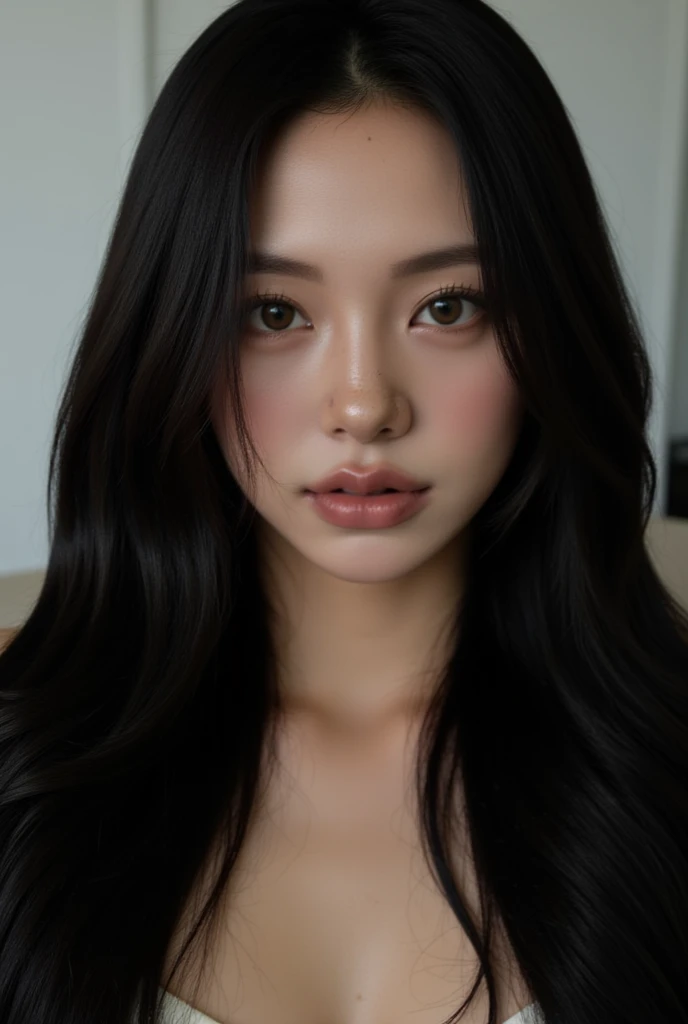 (top-quality、8k、32k、​masterpiece、UHD:1.2)、Photo of a cute Japanese woman、large full breasts、A dark-haired、Long Wave Hair、The upper part of the body、sface focus、simple background、From  above、looking at the viewers、22 years old, black hair, op view, cleavage, mega breasts, makeup on