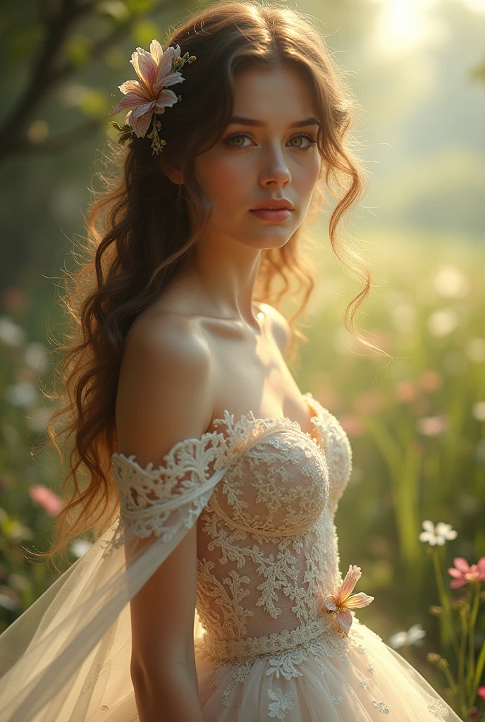 (best quality,4k,8k,highres,masterpiece:1.2),ultra-detailed,(realistic,photorealistic,photo-realistic:1.37),beautiful, sweet, woman, [long brown hair], [long black hair], stunning, captivating, [sparkling eyes], [rosy cheeks], [soft smile], [delicate features], [elegantly dressed], [graceful posture], [charming personality], [ethereal beauty], [Luminous complexion], [effortless elegance], [natural beauty], [radiant aura], [serene expression], [gentle presence], [feminine grace], [subtle elegance], [beautifully styled hair], [perfectly manicured nails], [tasteful accessories], [elegant evening gown], [delicate gold jewelry], [impeccable makeup], [flawless complexion], [timeless beauty], [captivating charm], [graceful movements], [confident demeanor], [warm and inviting presence], [charismatic personality], [enchanted atmosphere], [dreamlike setting], [soft and warm lighting], [whimsical background], [fragrant flowers], [butterflies fluttering], [ethereal glow].
medium: [oil painting], [romantic illustration], [fine art photography].
art style: portraits, fantasy, elegance.