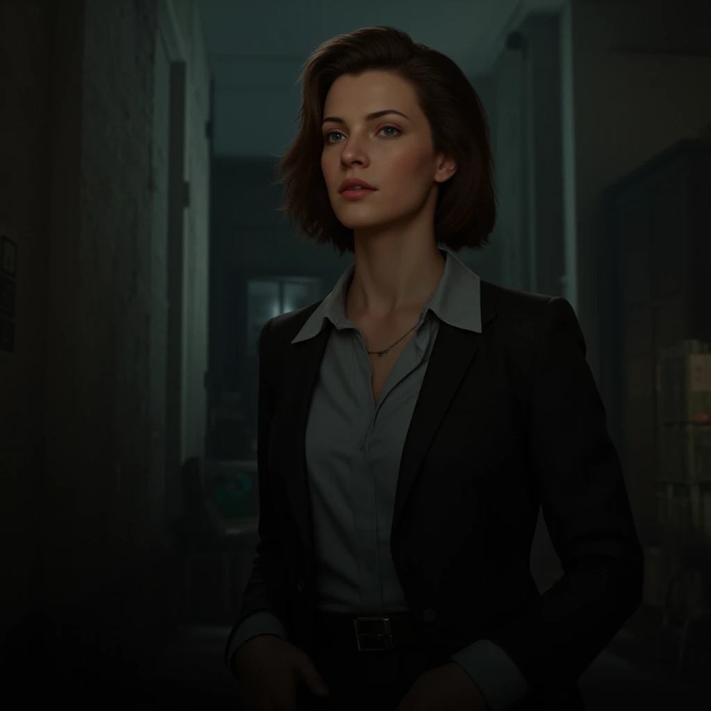 a detective woman, matured but handsome, short hair, sharp jawline, silky skin wearing a detective suit