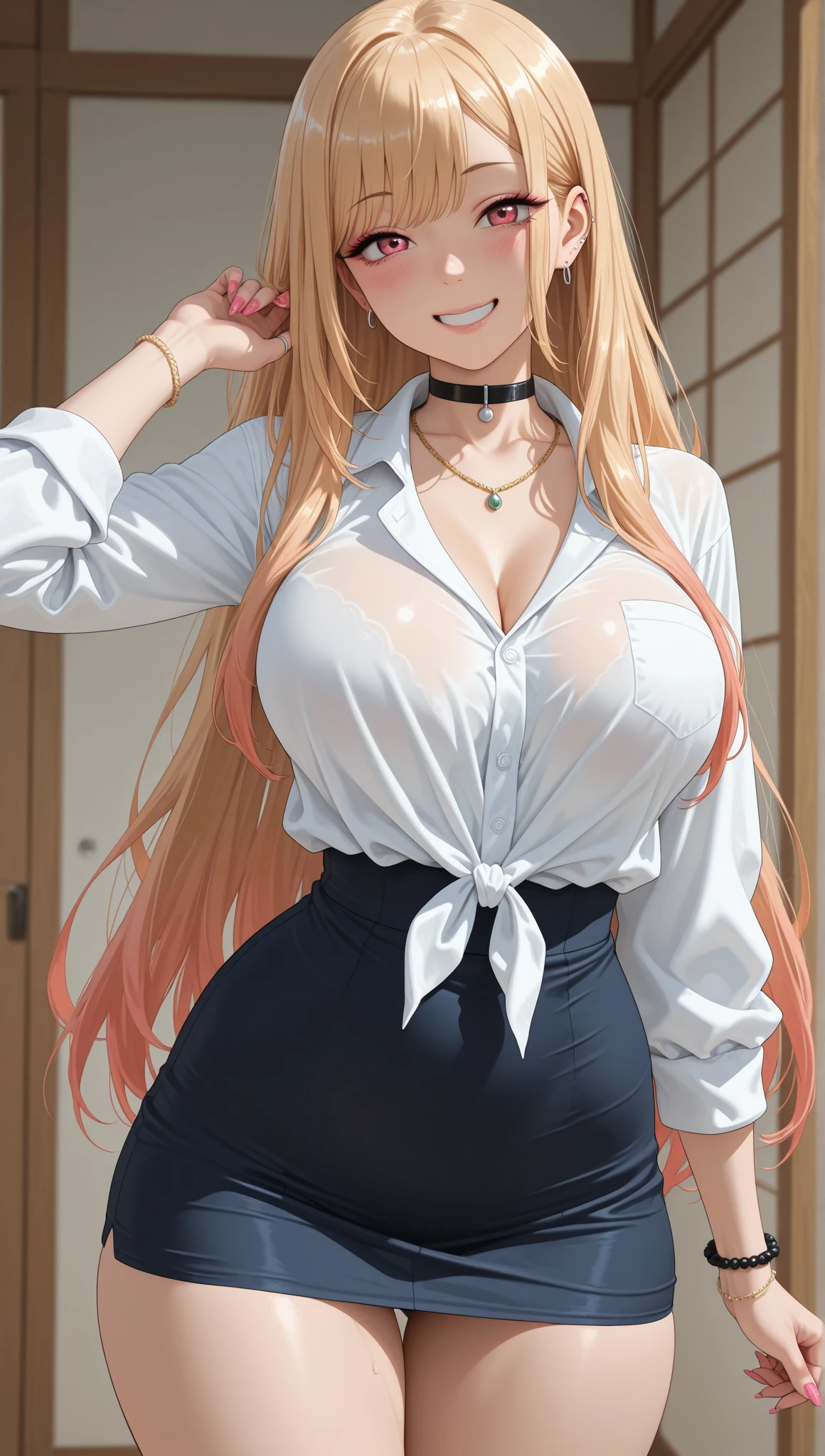 top-quality、Top image quality、​masterpiece、girl with((18year old、 Black Y-shirt with open buttons、,White ?????????、Best Bust、Bust 85、a blond、disheveled semi-long、Blue eyes、open ????? wide、Valley、Happiness、A slender、Physical education sitting、Shy face)）hiquality、Beautiful Art、Background with((A room with beautiful sunlight))、masutepiece、Elaborate design、visualart