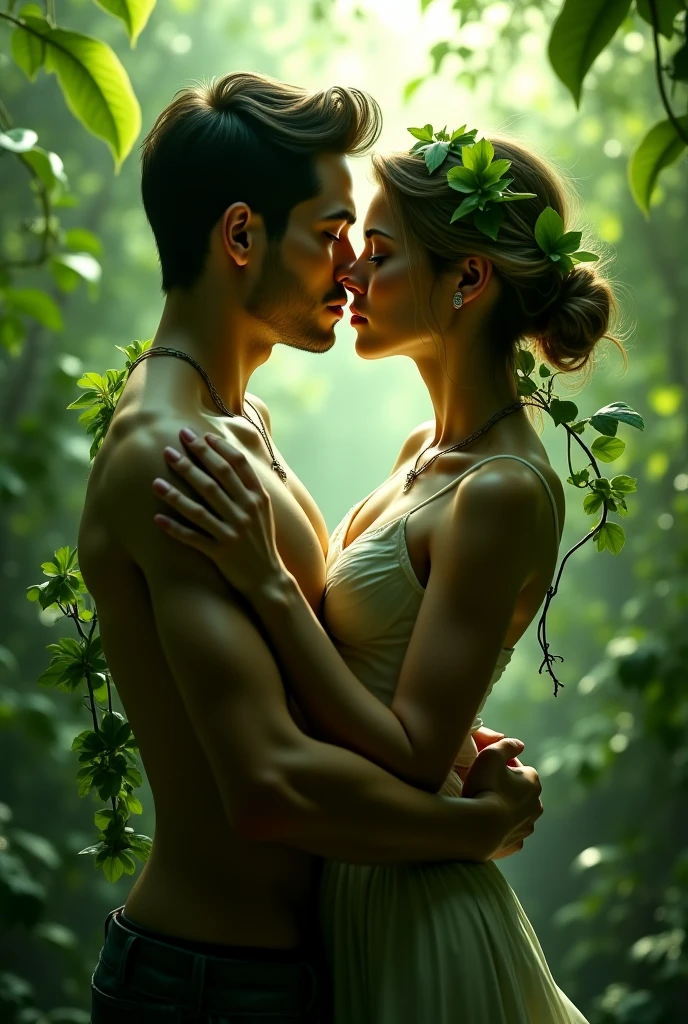 Descreva uma imagem de Adam holding Eve's hand in the enchanting garden of Eden with Adam. Adam is in his 20s, short curl light brown 7" hair, green eyes. Eve is in her mid 20s, emerald color eyes, extremey beautiful, long light brown hair, dressed in green leaves. emanating a divine aura and looking directly into each other's eyes with a  and compassionate gaze. The scene around him radiates a sense of serenity and transcendence, com cores suaves e uma atmosfera celestial. Highlight the details of the expression on your face, the sparkle in your eyes and the sense of peace and grace that your presence radiates in this sacred moment, 32K UHD, Style Raw, Afternoon sun, warm tone, cinematic