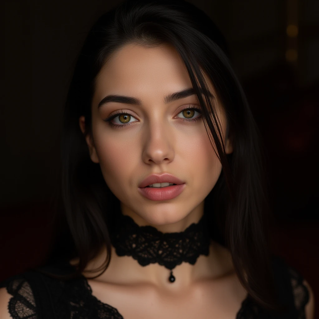 17 year old woman with black clothes black tight pantyhose, fille sexy aux yeux bruns, Portrait Sophie Mudd, cheveux bruns et grands yeux, selfie of a young woman, Yeux de chambre, Violet Myers, sans maquillage, maquillage naturel, looking straight at camera, Visage avec Artgram, Maquillage subtil, Superbe photo du corps entier, dans la chambre, clivage, full body shot standing, 8k HD