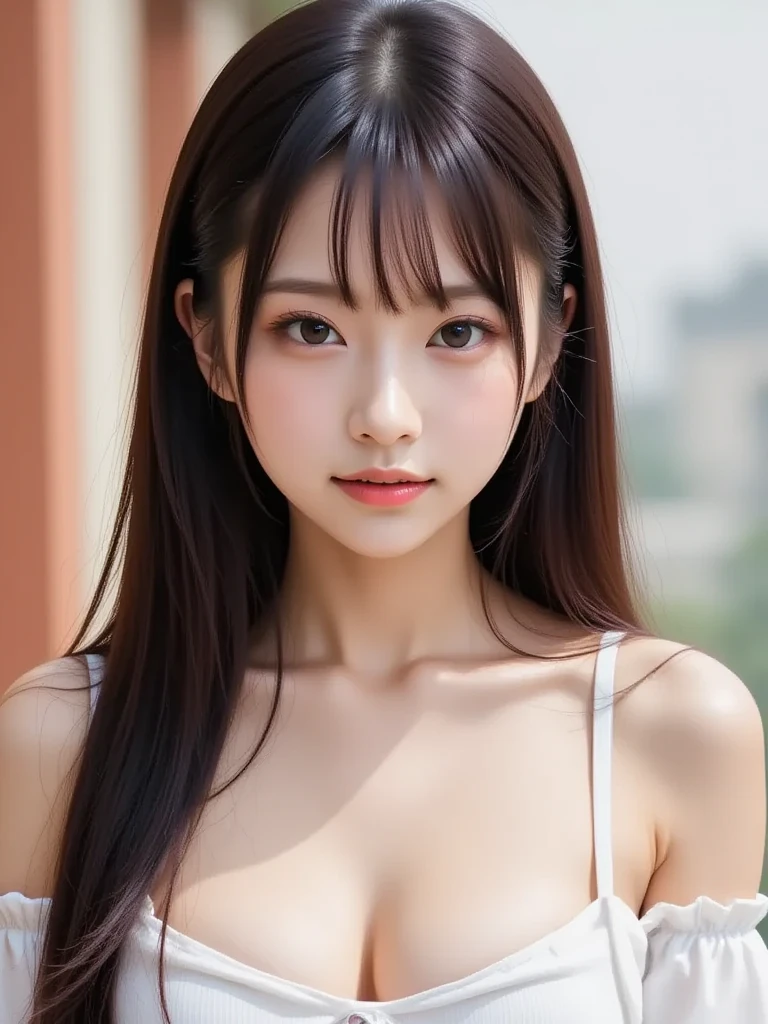 Shining, clear, white skin、Her windblown black hair hides her beautiful face.、huge、???? beautiful face of 28 years old、Beautiful straight hair that stands out、growing up, glowing light brown eyes、???? long silky bangs covering the eyes, ???? young woman with super long hair hiding her ???? face、Shiny black hair、(((???? Woman)))、The cleavage is visible,Red ???? dress