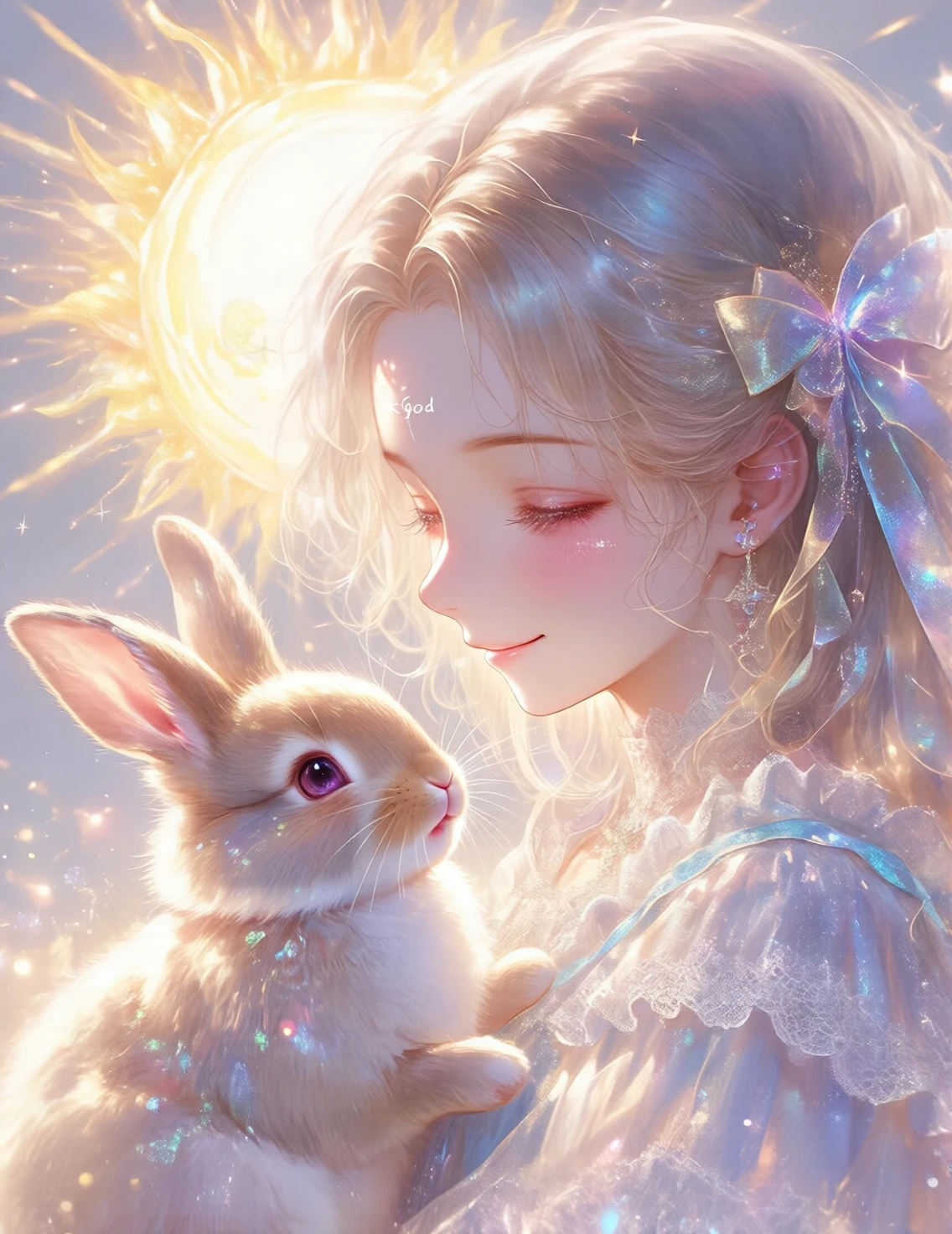 from the front, Look directly at the viewer,A beautiful angel about 8 years old, A kind smile, Big Blue Eyes, blonde,Beautiful gold carved hair ornament、 Soft white dress, Angel wings on the back, Space background with many shining stars, Holding a white rabbit, Realistic,High resolution８hair
