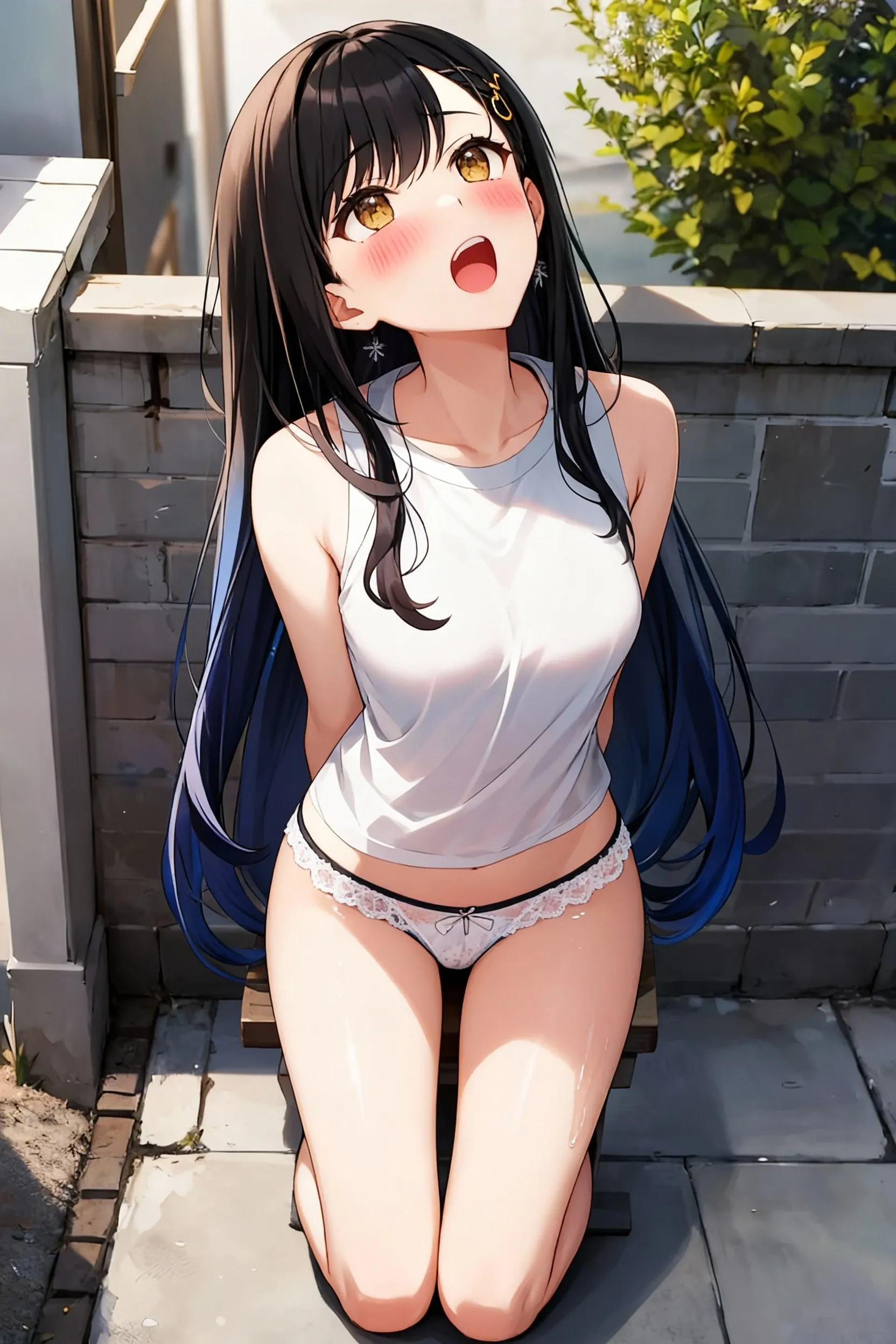 (Highest quality), (masterpiece), 1080P, High resolution, 4K, 8K, ((White school swimsuit)), Groin, restrained, , Shooting from directly above, Sweat, Black tie, string, To achieve this, ((~ side)), show your ~ side, squat, Leg spread, , Small , whole body, Embarrassed face, , Blunt bangs, Long Black Hair, Garter Ring, stand, whole body, barefoot