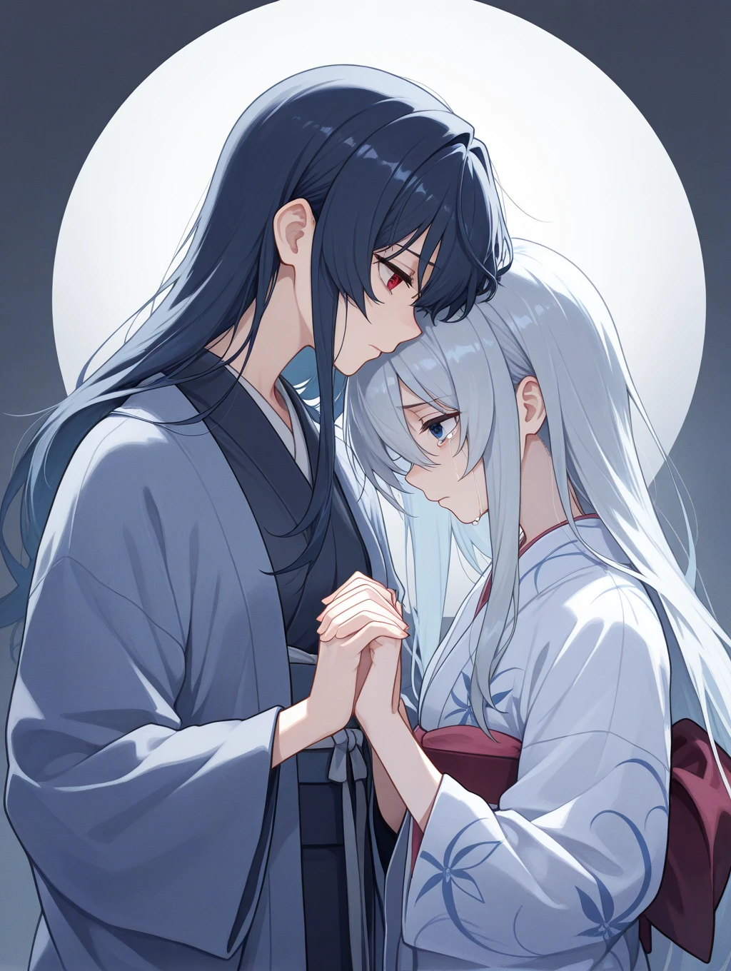 a man is kissing a woman in the wisteria forest, dark night, , (Beautifully Aesthetic:1.2),wisteria, peace, tranquility, serenity, petals, red kimono