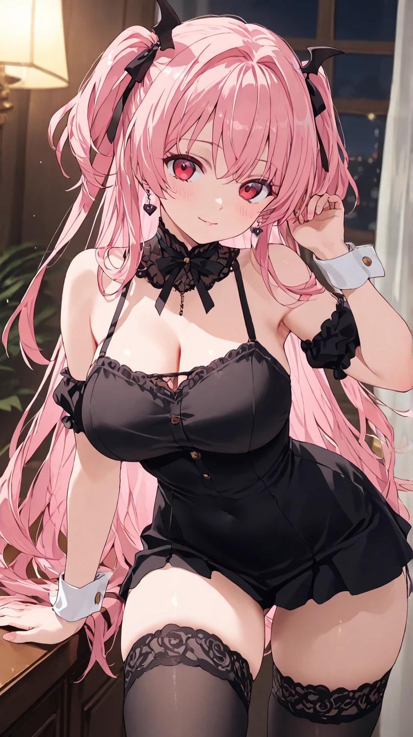 A girl with magenta hair, with pink demon horns, equally pink devil tail, with black clothes with red details, short skirt, sleeves somewhat torn, stockings also somewhat torn, with thick thighs, a very big and ???? ??? and big ?????