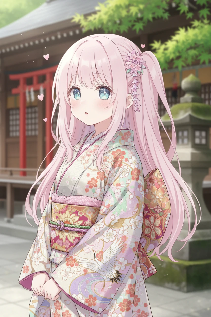 spring garden, 1woman, break pink hair, break blue eyes, blue kimono, long sleeves, medium length hair, high detail, holding a bouquet of flowers
