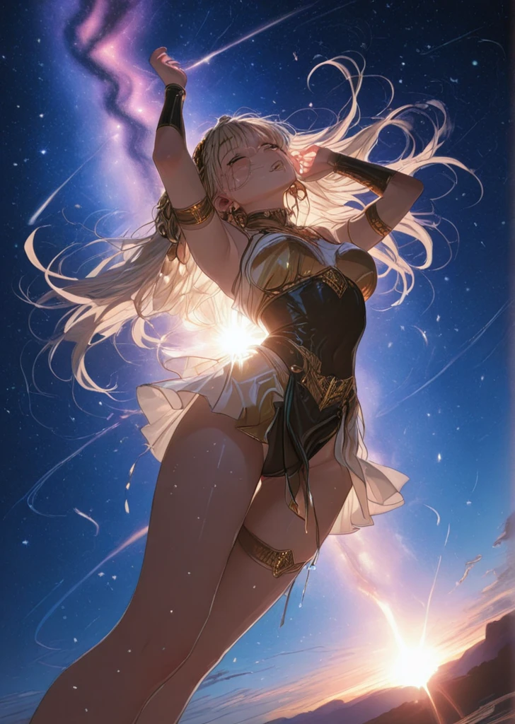 最high quality、Best image quality、masterpiece、With a girl((18-year-old、Best Bust、Large bast、D-cup  with firmness、Spread your legs、Beautiful golden eyes、Spread your  wide,Blonde long hair、Slender、Big Valley、Gold Bodysuit,Show the whole body、Open your arms、Gold ring on wrist、Shoots lightning from hands、Backward view、turn around、Accentuate your butt)）high quality、Beautiful art、background((Night Sky、Black Cloud、lightning、Intense thunder、Lightning strikes、Red Thunder、Blue lightning、Gold Thunder)))Tabletop、Visual Arts、Depth of written boundary、Night Sky