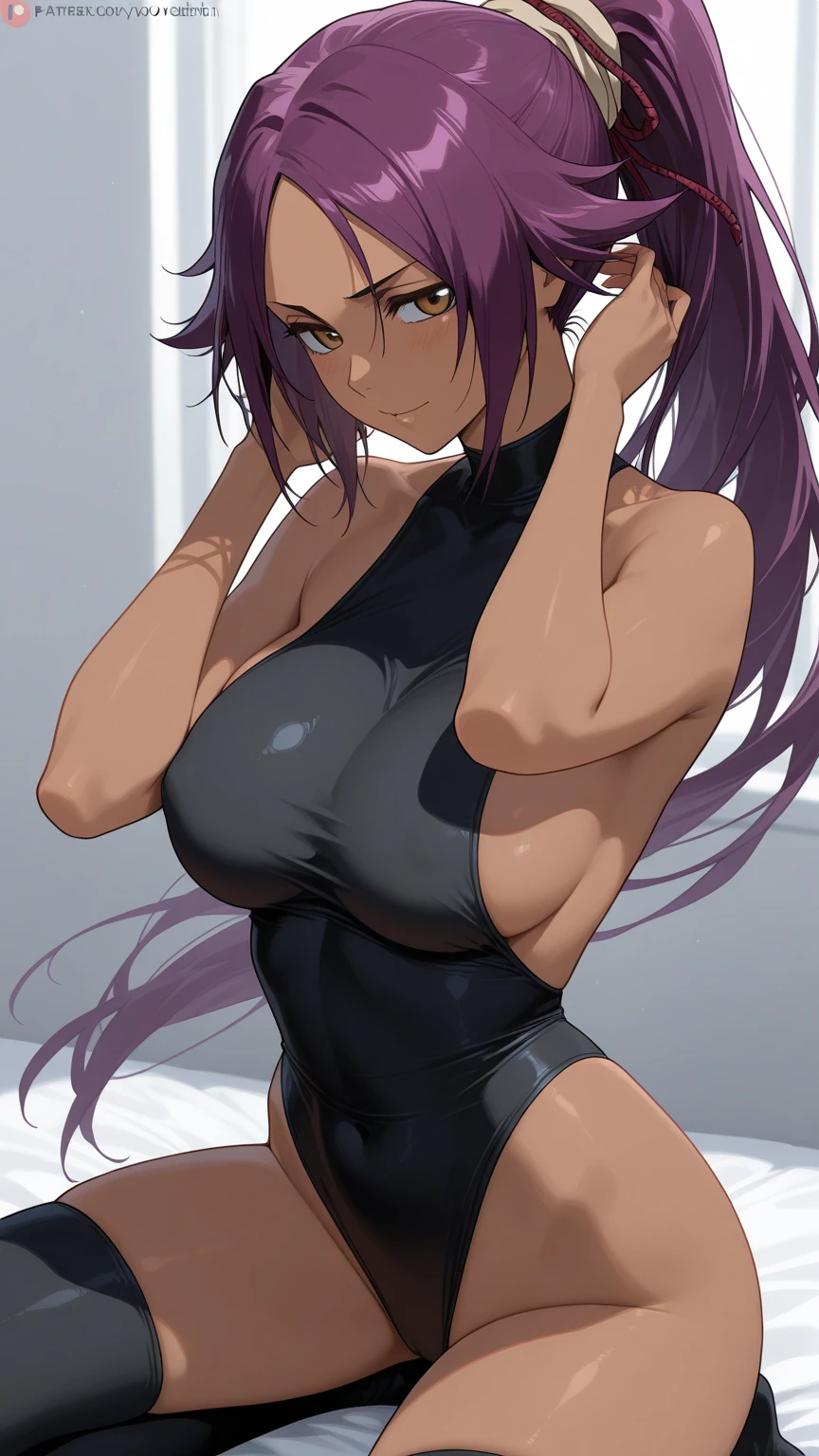 Very detailed CG Unity 8K wallpaper),(masterpiece), (Highest quality), (Very detailed), (Best illustrations),(Best Shadow), Dynamism,Functional,Voluptuous,,Purple eyes and purple hair in a bun,Large Breasts,Tiny swimsuit,Embarrassed expression,Embarrassing pose