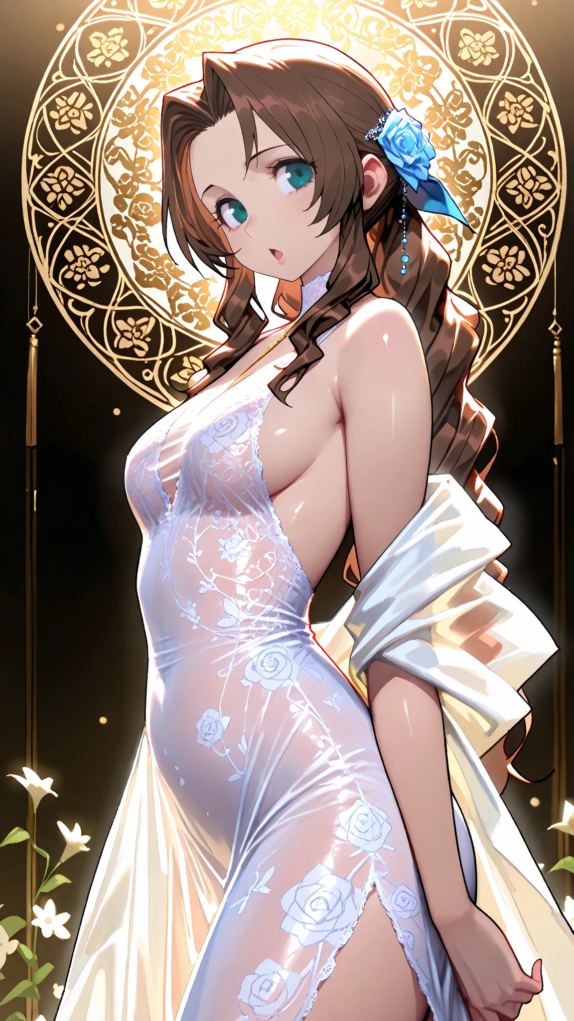 ((masterpiece))､((Highest Resolution))､((One Japanese woman))､(Transparent white skin)､I clasp my hands together and look up to the sky as if praying.､Depict the whole body､purple wedding dress､A dress with lots of ruffles and lace､Gorgeous wedding dresses､expensive wedding dresses､There is a ribbon on the wrist､Straight long hair､Ash brown hair､Wearing a shiny golden tiara､Wearing purple sheer lace wedding gloves､Half Cup Bra､(Ample ???????)､(H cup udder)､Narrow waist､(Very big ???)､(Thick legs)､Long tulle lace flows down the back､