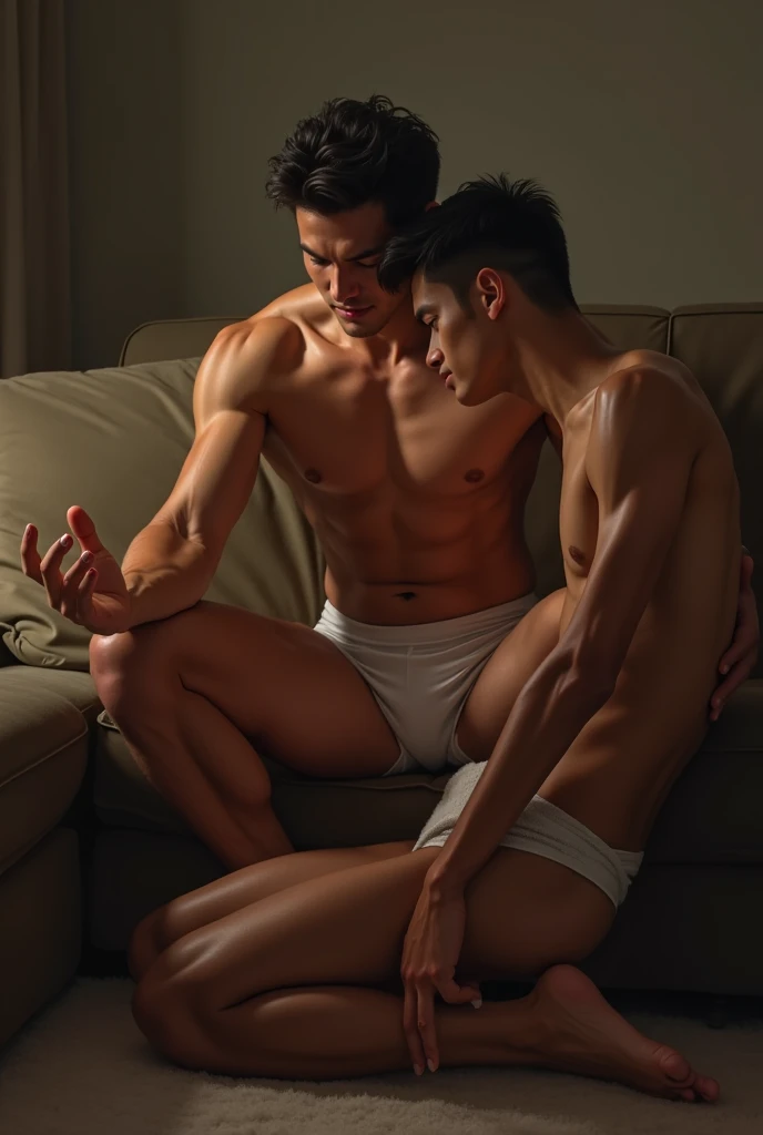  between two asian men. White and with a big . .