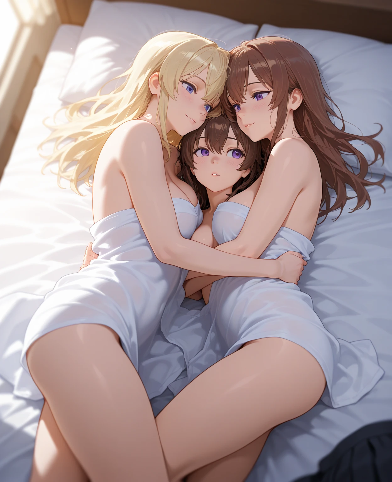 2 girls, , in bed, long brown hair, long blonde hair, smiling,  feet, feet up, girls have , long feet, ,  milk, small ,  in mouth, , dripping milk, pastel colors, cute