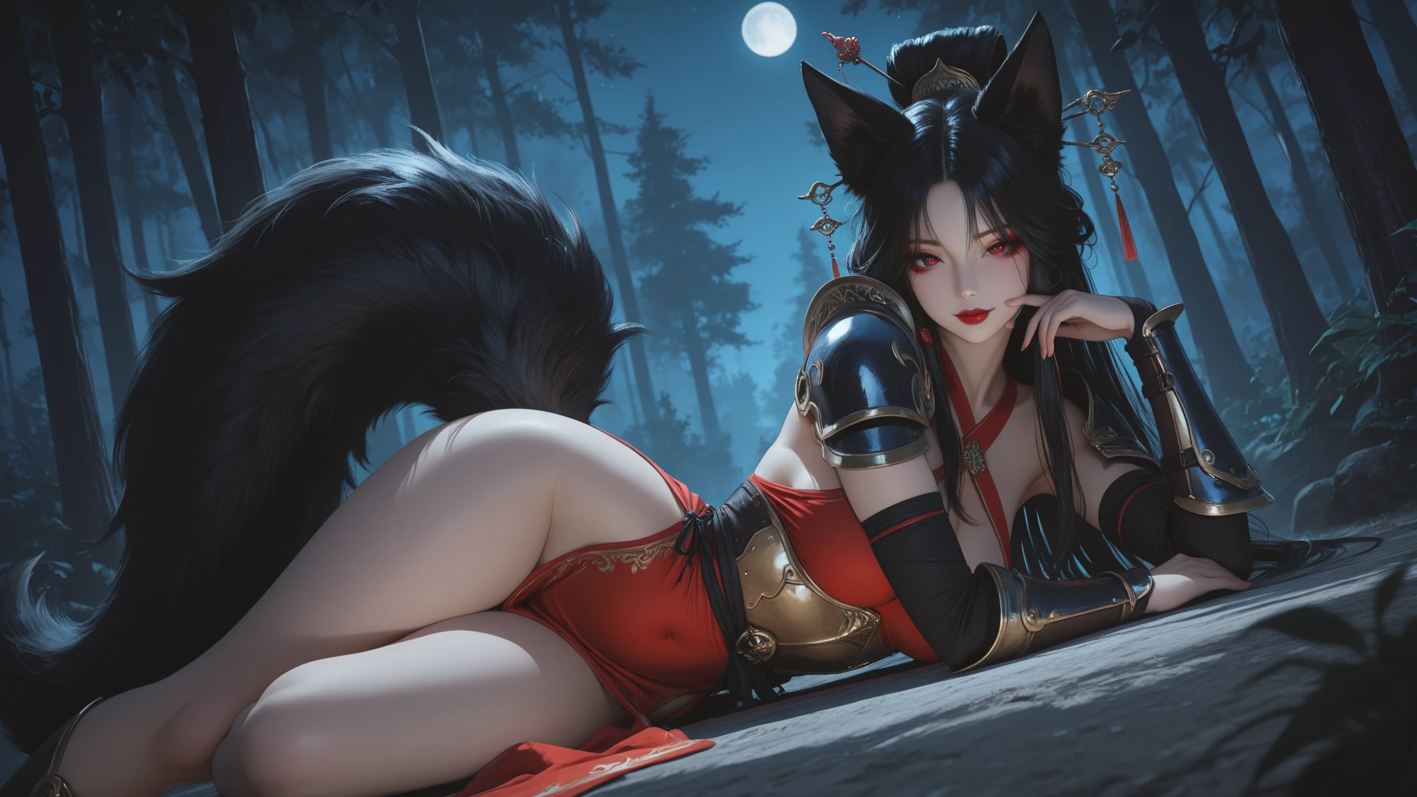 anime_source, (masterpiece), best quality, expressive eyes, perfect face, score_9, score_8_up, score_7_up, 1girl, ahri, animal ears, bangs, black hair,  shoulders, breasts, cleavage,  mark, fox ears, fox tail, groin, highleg, large breasts, lips, long hair, looking at viewer, multiple tails, navel, outdoors, smile, solo, tail, vastaya, whisker markings, yellow eyes, detached sleeves, red legwear, red , sweat, thighhighs, underboob, pink flower, blurry background, cherry blossoms, depth of field, falling petals, flower, petals, wisteria, perfect hands, perfect fingers, lying, on side, closed eyes, , hetero, oral, , , , solo focus, pov, view from above, , wet body, , ass