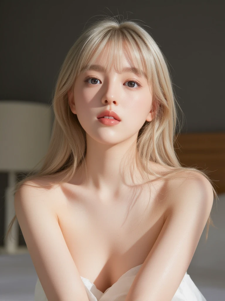 a bony girl, facing the front, underarm, armpit, , thin body, skinny in a  priestess outfit, （Highest quality authentic textured skin),(abyssal),(Fine, Round, Symmetrical eyes),Delicate  features,(Burning bright and cold eyes), very slim and thin body, near , near , (She has a mischievous smile on her face),(Her face is gentle and beautiful), Glass earrings on the ears,,(Blonde hair), Asian face, (silvery blonde hair),(Dramatic photo:1.4),(dramatic pose),(flamboyant photo), symmetrical eyes, a beautiful painting，(Dramaticlight),(Magnificent scene),Epic realism,Cinematic feeling,(high-density imaging review:1.5),(Soft color:1.2),Ultra detailed,Dramaticlight,(intricately details:1.1),the complex background,