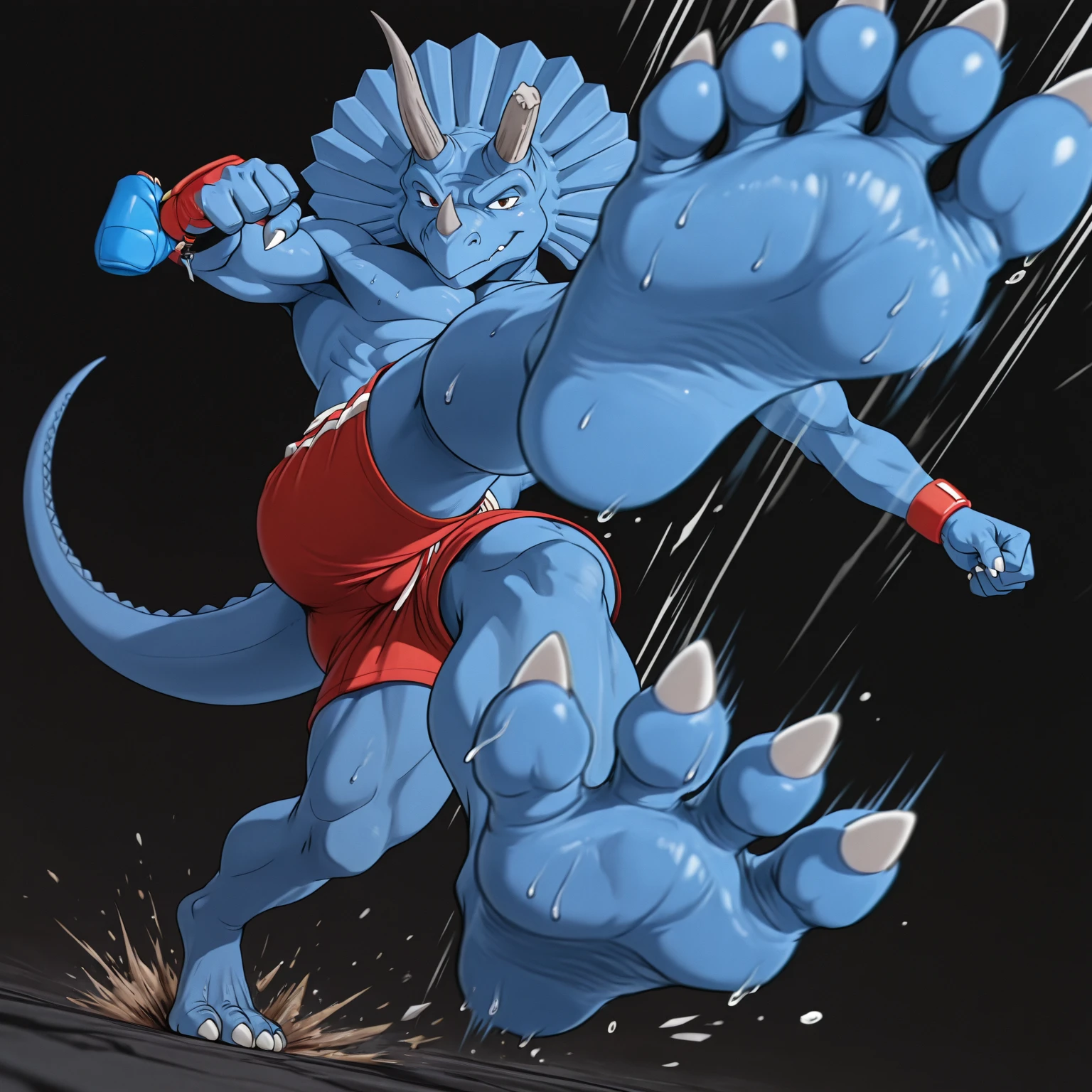 anthropology,(zinogre:1.2),Tail,((whole body,blue eyes, Blue body, White furry, Yellow Hand, Feet, Blue face,4 toes,Tail )),,muscular, whole body, (author：null-ghost,From raccoon21,masterpiece,high quality), Night Fight,((boundary)), rest (((Slime monster uses tentacles to fight dragon))，4 toes，struggle, (pain:1.3)，frown，annoyed, Worry,full body,pawpads,((horns))