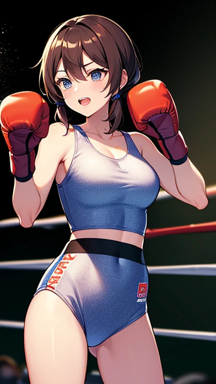 (kinako_(shiratama_mochi) style, (()), , masterpiece, 1 girl, solo,  , intricately detailed, navel,  shoulders, brown hair, boxing shorts, boxing ring, gym, boxing, boxing gloves, extremely detailed,  , puffy , green eyes,  stomach, sweaty, , arm strap, cowboy shot, teen, soft eyes, open mouth, short hair, cg masterpiece, cowboy shot