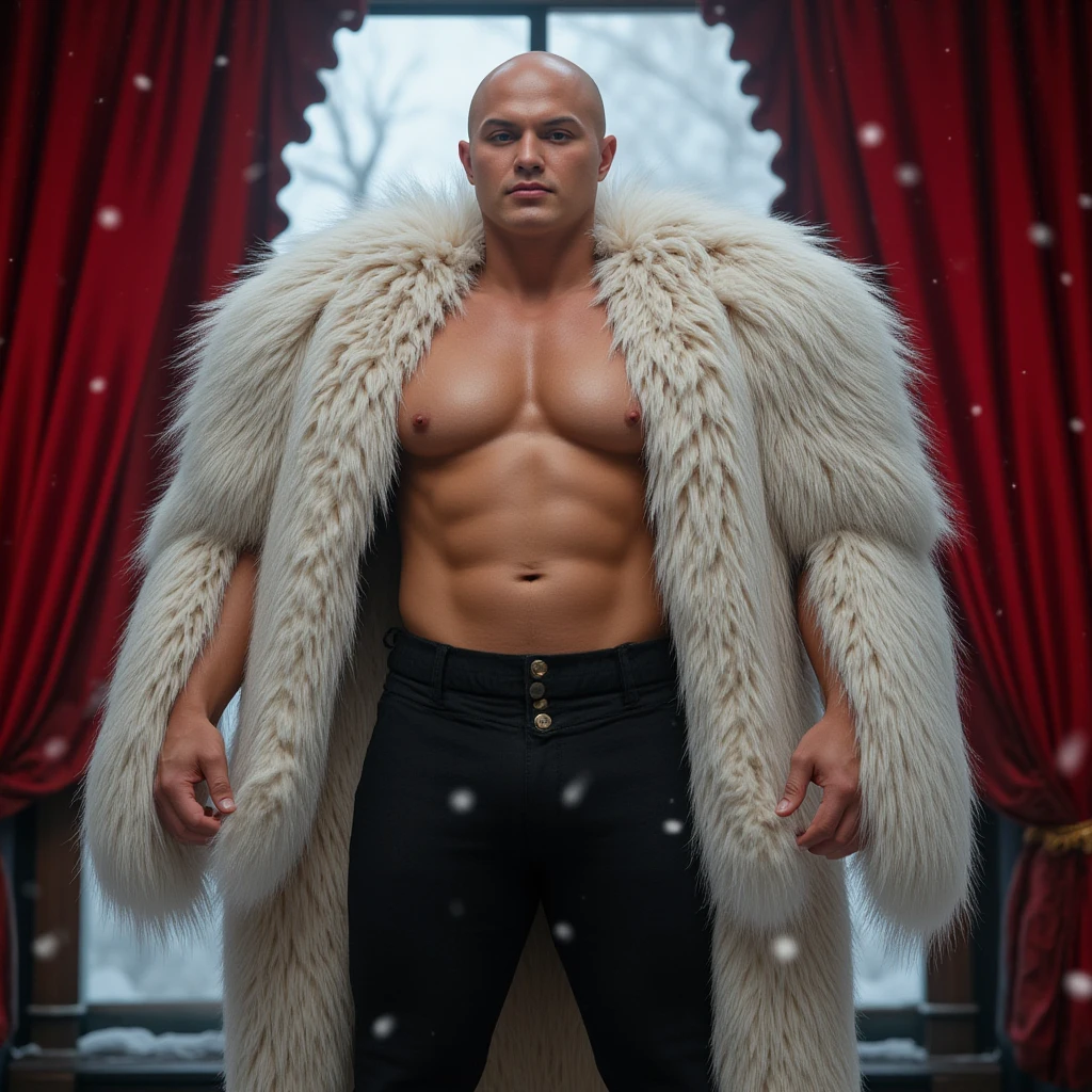 1 stocky  Russian gay is standing with his legs and thighs opened and spread in the snow with wide landscape of snowfield , 1 man only, no other people, iceblocks and icelake and snow scene, he is wearing white fur gloves, fur woolen hat to cover snow , moustache,  hair, white   bikini highlighting big bulge and big butts, Wear knee-length fur shoes.,masculine and stocky, , handsome face with detailed  features,  and wearing nothing, correct accurate male ,skinny boy body, muscle body,sport body, big muscle, Handsome face, wet oiled waxy shiny greasy muscles and skin, flawless white skin, masterpiece, professional DSLR shoot and retouching, illustration art, shadow, highlight, sharpness, depth of field, dessert and Russian snow field environment, sexy, hot gay  illustration art, sexy and hot