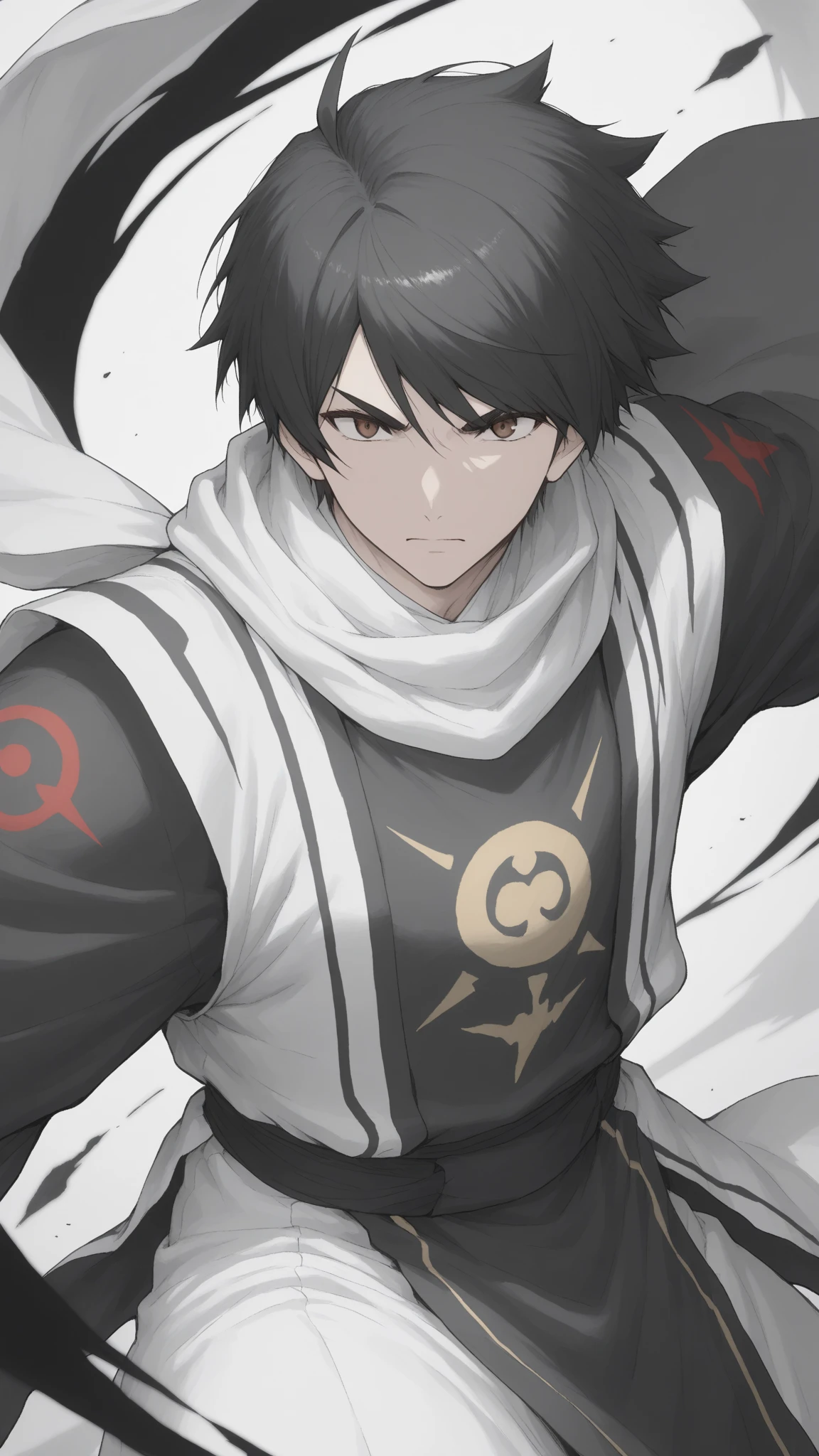 1male , black hair , purple eyes , messy hair , Black Clothing Underneath ,Form Fitting Sleeves, White Fur Trim Over Shoulder Cloak,Layered Clothing, white turban on head, ninja clothing , young boy, Mountain Background , standing on mountain , Masterpiece Quality , Perfect Quality ,