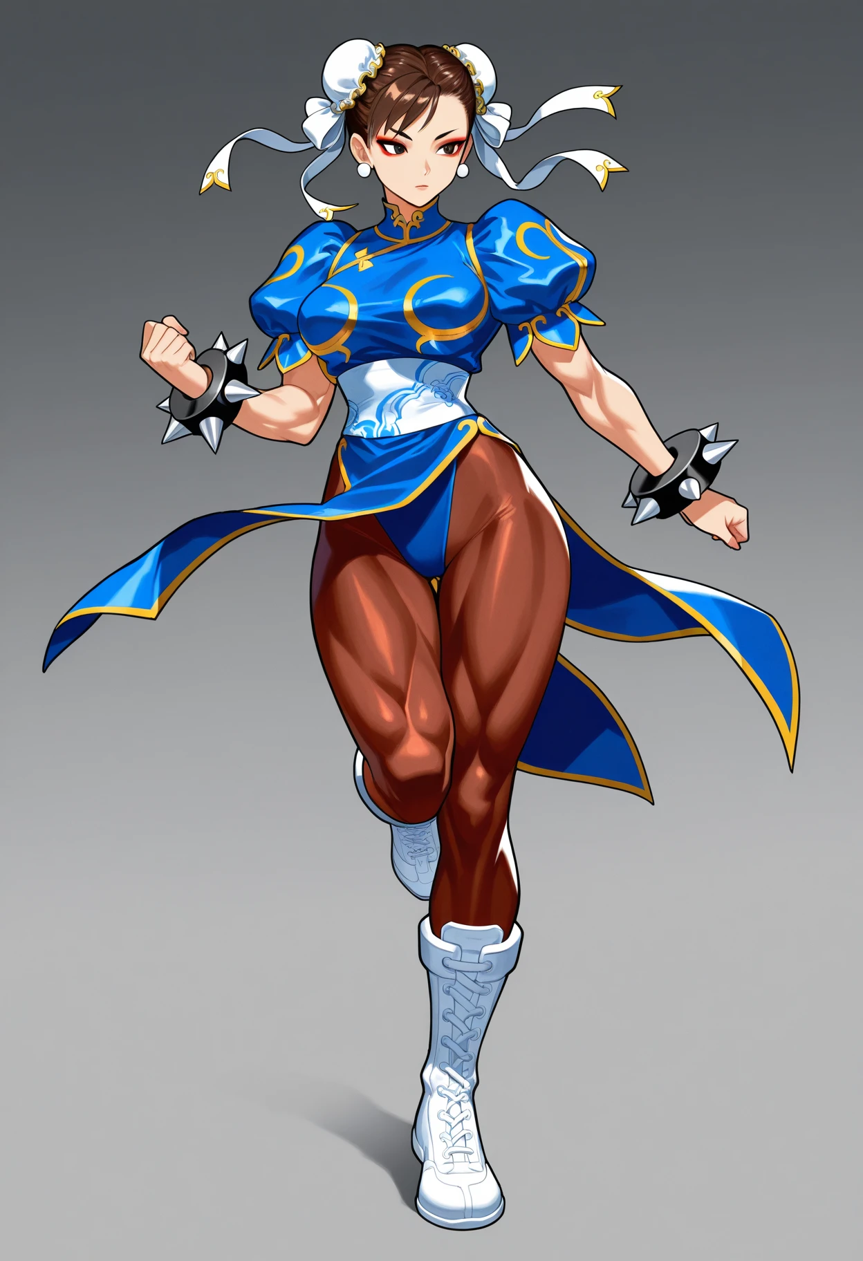 chun li,brown eyes,short hair,brown hair,double bun,bun cover,blue dress,pelvic curtain,spiked bracelet,sash
, brown pantyhose,8K, high resolution, looking at the audience