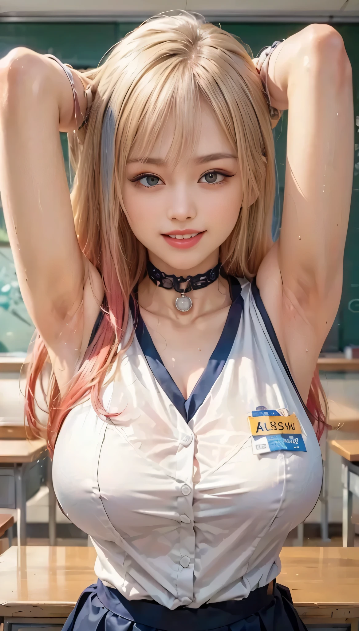（Actually，  High resolution：1.3）， 2 girl with a perfect body，  Slim face and eyes，long blonde hair，white tank top：1.2，  Jeans shorts， in class，very big tits， showing cleavage, wearing glasses, wearing bow ties