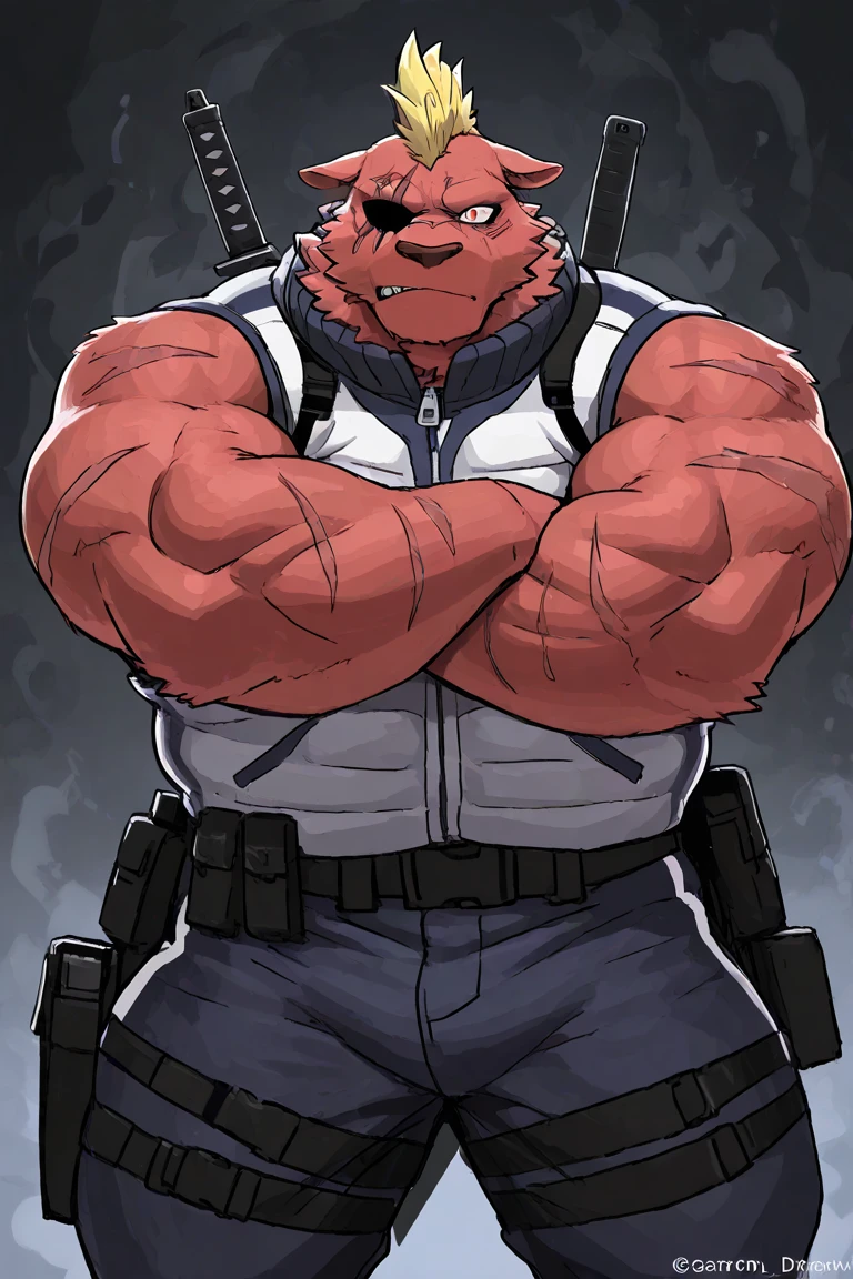 (masterpiece:1.2), best quality,pixiv,official art,perfect , (Ray tracing, light),solo, (1_male:1.3) , (muscle), (grey fur:1.4), (muscle bear), (beard:1.2), (gleaming golden eyes), bear tail, Thick eyebrows, open hoodie, ( inside:1.2), cargo pants, (boots:1.2), (pure white background: 1.3)