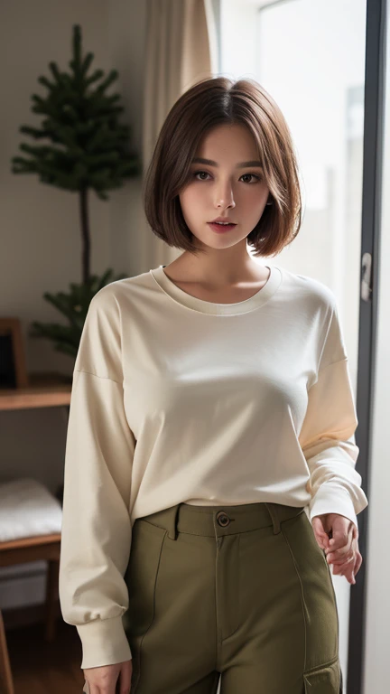 (1girl:1.2), in the bedroom, the picture background is clean, the upper body is wearing a tight dark women's crewneck modal long-sleeved T-shirt, wearing a pleated short skirt skirt skirt in medium gray color, the Arapei woman in the skirt is posing for a photo, adjacent color matching, elegant temperament, elegant intellectual feeling, high image quality, long hair, detailed skin texture and cloth texture, detailed eyes, detailed long eyelashes, double eyelids, portrait photography, focal length 30 mm, aperture F1.2, God's perspective, realism, costume photography, magazine cover, idyllic good times,