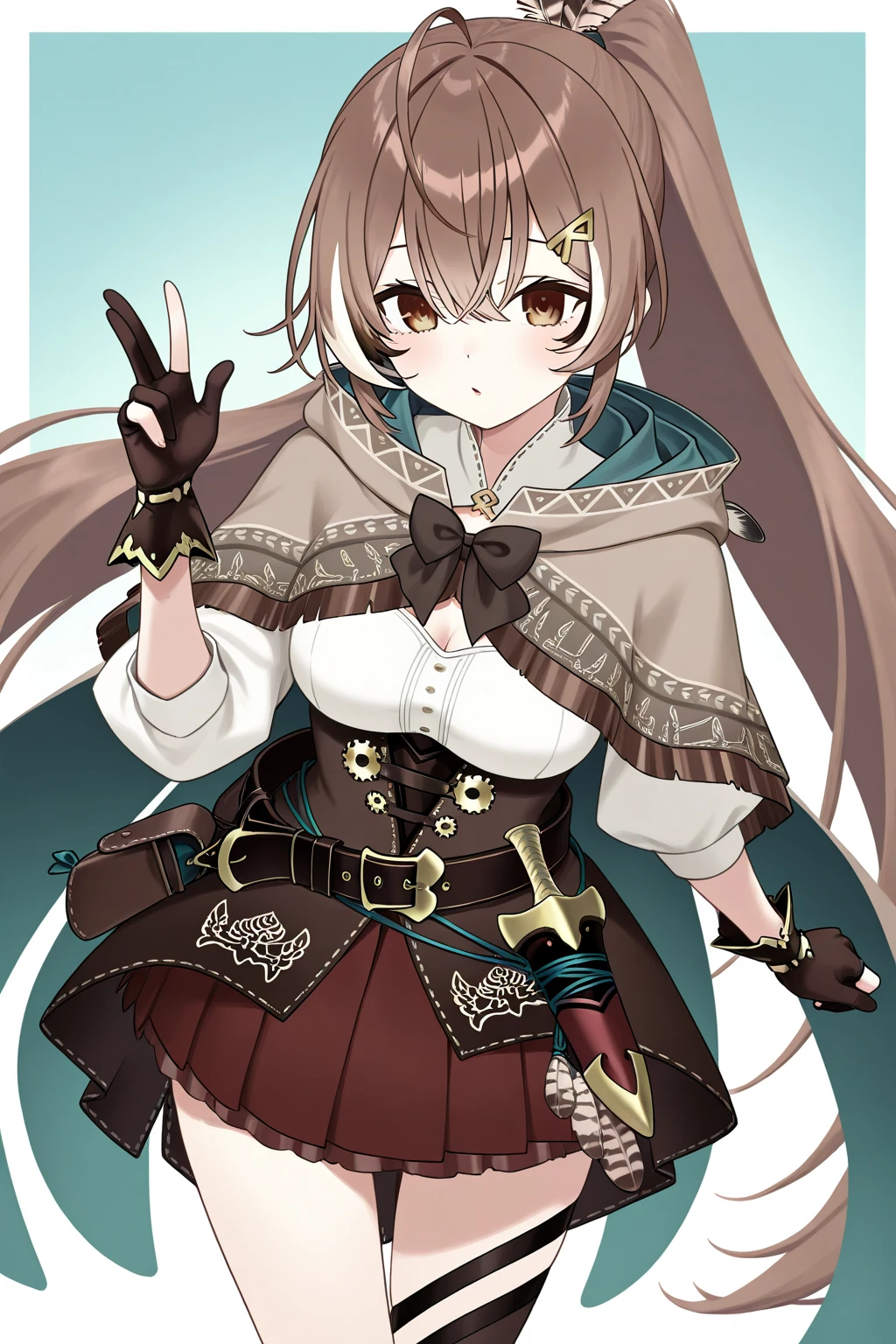 rating_safe, beautiful, nanashi_mumei, solo, looking at viewer, long hair, very long hair, smile, default_outfit, cape, weapon, knife, dagger, holding lantern, waving at viewer, hand on hip, score_9, score_8_up, score_7_up, score_6_up, score_5_up, score_4_up