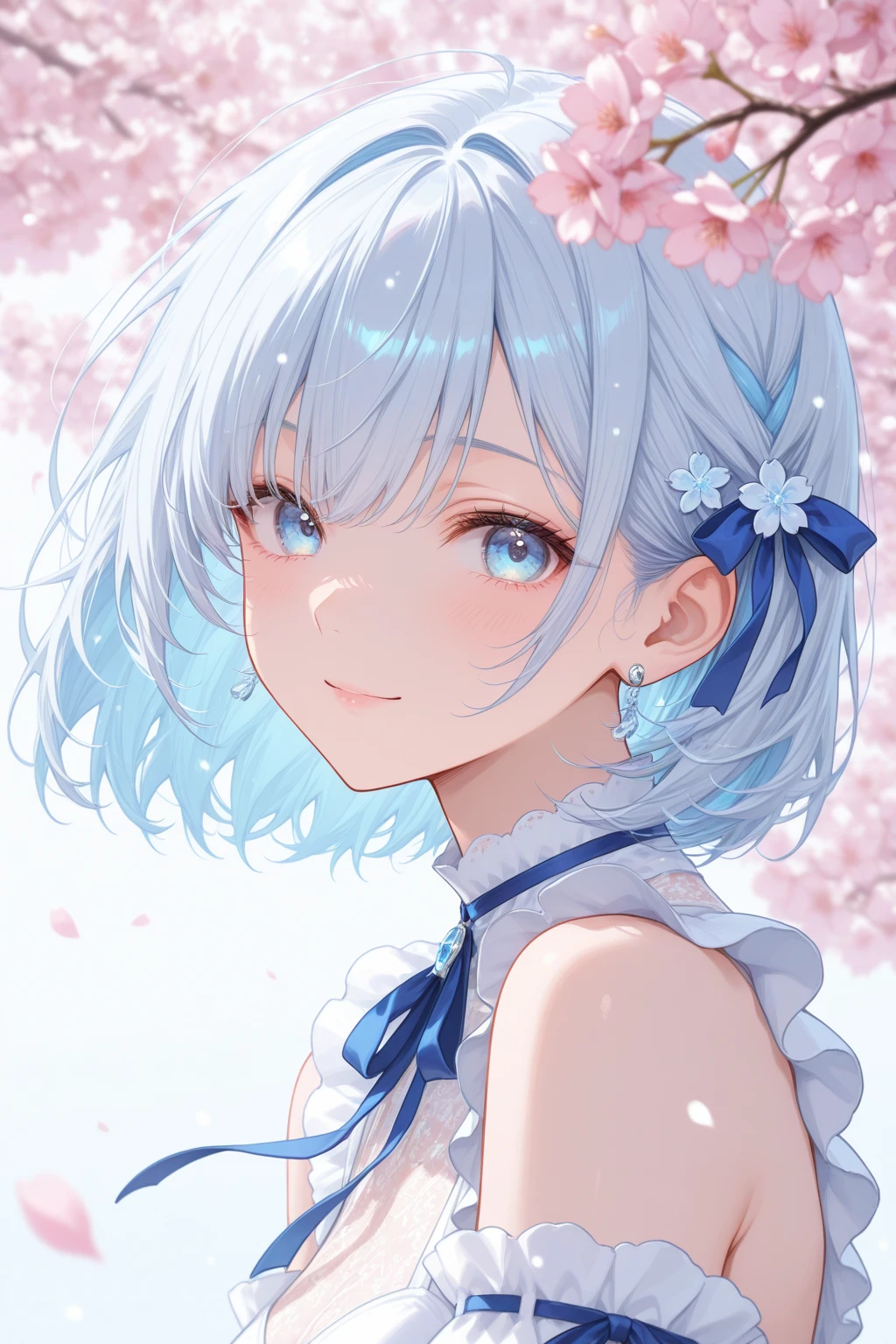 1 girl，(white) short hair，blue eyes，school uniforms，(super cute)，(introvert) and shy，small breast，(thin and small)，(feel happy)，flowers，Natural expression