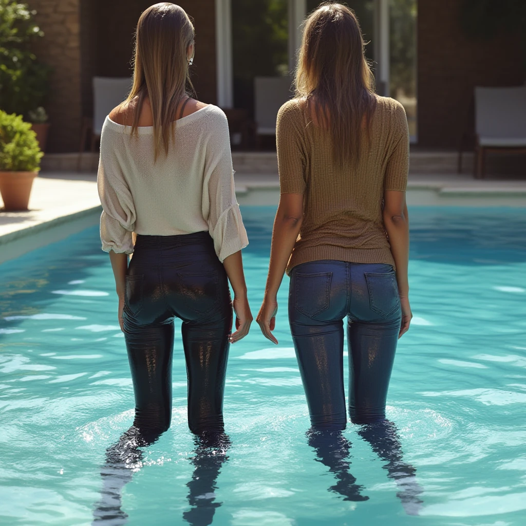 two attractive  women one blonde wearing black skinny jeans, one redhead wearing dark blue skinny jeans, high heel pumps, white blouse, standing in a crowded bar,  wetting, big smile,  stains are gleaming wet