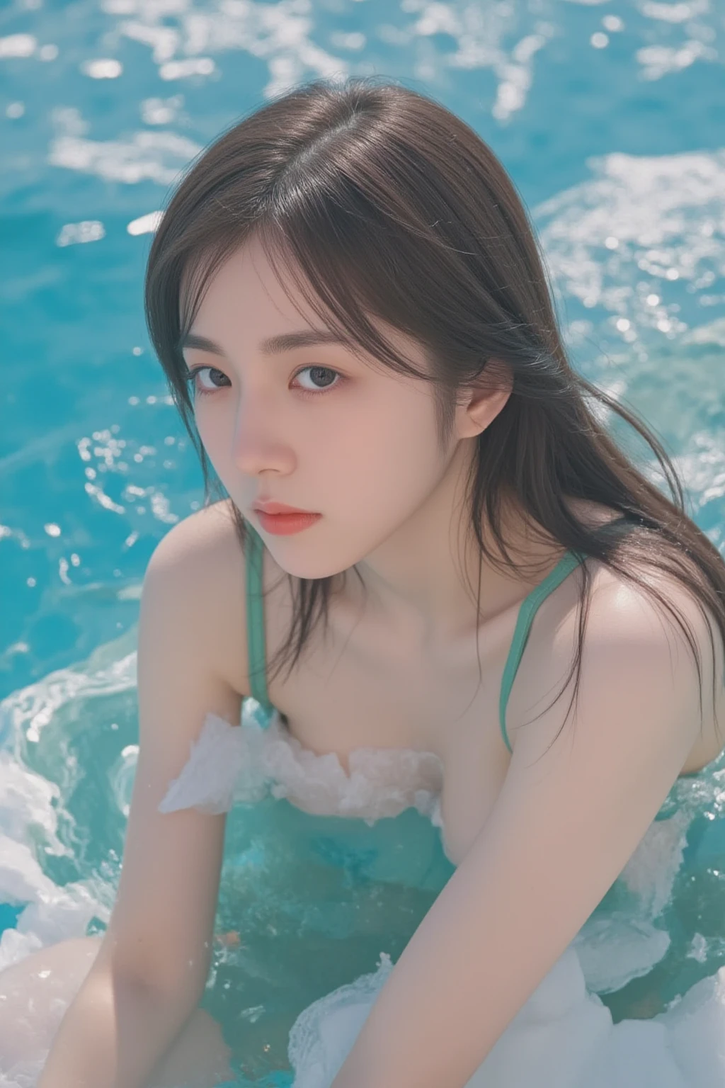 there is a woman in a blue tank top sitting in a tub, dilraba dilmurat, chiho, xintong chen, wenfei ye, with cute - fine - face, chiho ashima, young pretty gravure idol, 奈良美智, beautiful south korean woman, kiko mizuhara, seventeen's wonwoo, Twice dahyun, dahyun, wonwoo, ateez yunho, yunho 