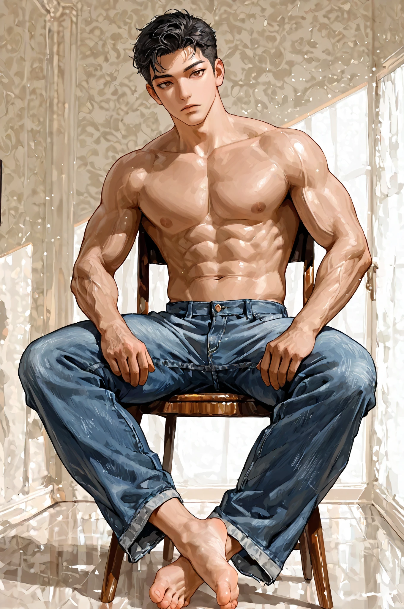 (absurderes, A high resolution, Ultra detailed, hdr), Masterpiece, Best quality, Portrait of a boy, Handsome boy with red eyes, Detailed face, Professional photo, The Alafed man is , Fight comfortably，legs are open, (puffynipple(From below:1.1)), Focus on your audience,18 year old boy, Handsome boy, [ Firmly defined body ]，The royal blue shirt is open，Abs，chest muscle，short white pants，large bulge，white shoe，Close-up of feet，By the tree，