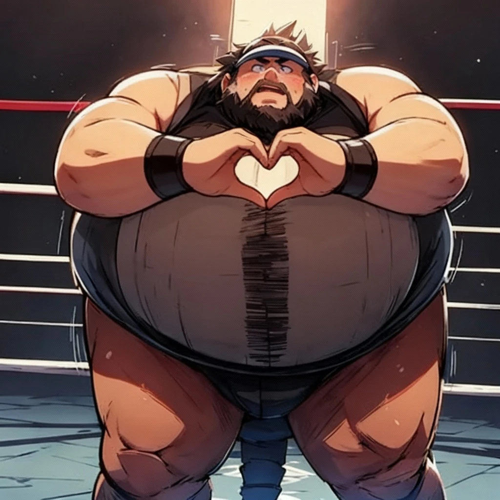 Create realistic images of a boxing match。The subject is、He is a fat man with a beard.。He stands in the center of the boxing ring、Despite having a strong body、His beard and body shape show signs of a normal life.。His eyes are serious、Passion for the game is apparent。The cheers and cheers of the surrounding spectators and coaches echoed throughout the stadium.、Let the heat of the boxing ring be felt。His face was full of concentration、Make sure you feel determined to play the game.。Lights and smoke on the ring、Sweat splashing, etc.、It is desirable to incorporate elements that emphasize the realism of the match.。The generated image is、It gives you a sense of realism, as if you were at the game.、It's visually impressive。