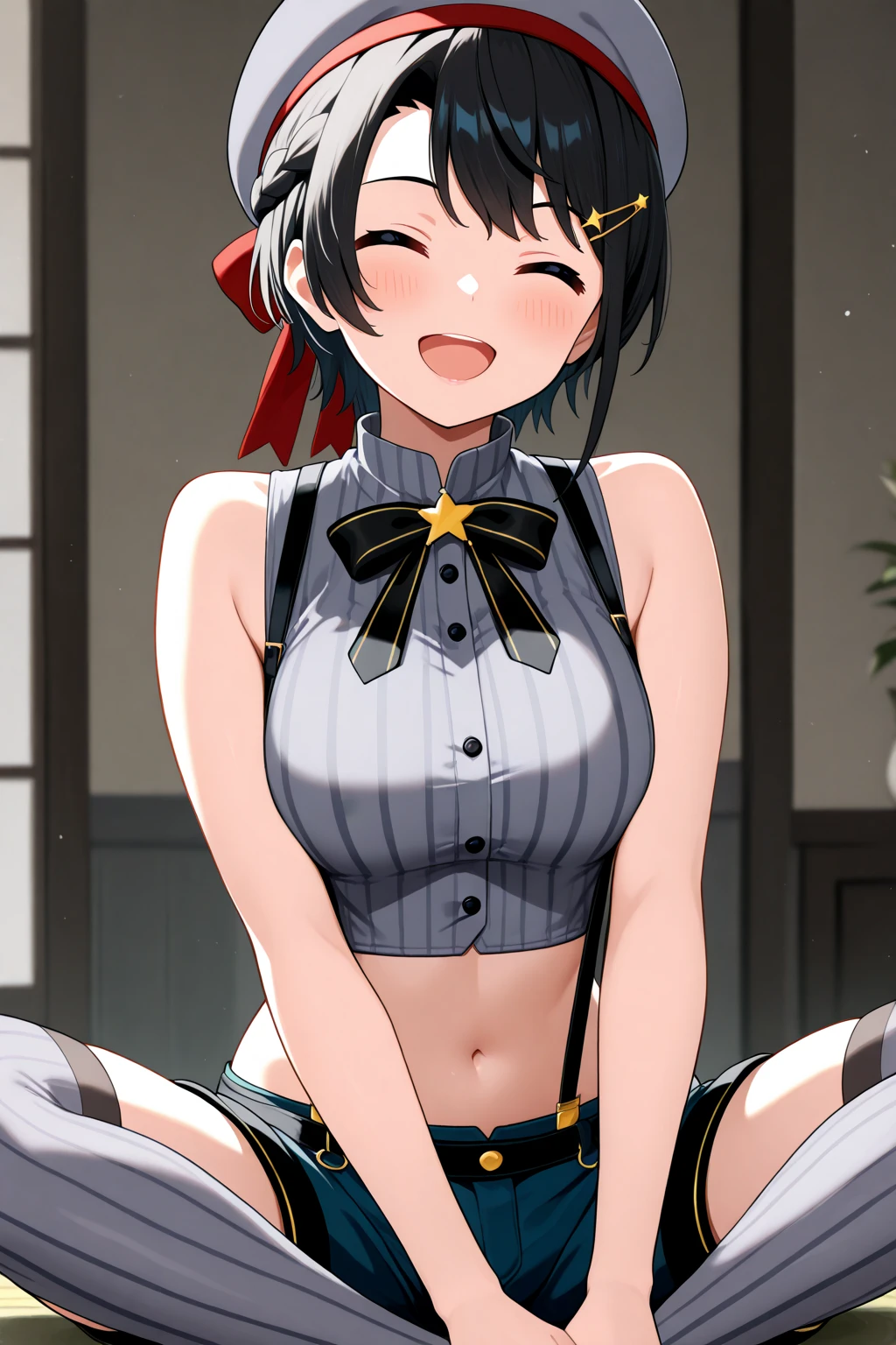 Girl 1、masterpiece、Beautiful face in every detail、((night、Dark Room))、,Beautiful eyes in every detail、High resolution、Ultra-fine Illustration、Very delicate and beautiful、Highest quality、The whole body is projected、squat、squat、(Lolita:1.7)、College years、Open both knees、solo, Ten generations、(White skin:1.5), (Silver Hair, shortcut、blue eyes),Laughter、Smiling Face、Hair tied at the back、Curvaceous, (Shiny Hair, Sparkling Eyes, Glowing Skin),   (Glowing Skin:1.2), 、Thighs Thighs Thighs Thighs、Arms behind head、Raise your arms、脇のDown、Positive、(Small Tits),enamel、I can see my belly button、Pelvic Curtain、脇のDowns、Laughter、Black knee socks、Observe your audience、Down 、Blushed、sweating、Jeweled、Part your lips、Blushing、Standing on tiptoes、High heels、gloves、Elbow Groove、Lean back、 are visible、Completely 