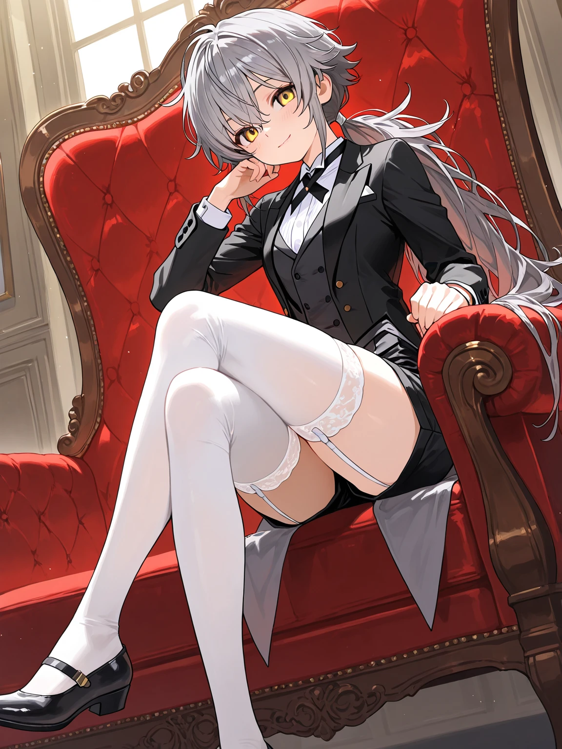 masutepiece　high-level image quality　Top image quality　in 8K　adult lady（soio）　White Long Gloves（（blanche）（Long gloves））　white stockings（（blanche）（Stockings）　White Uniform（sleeveless）　micro skirt　Wolf ears　shorth hair（（short-cut）（White hair）（Habitual hair）（fluffly））a smile　Eye color is blue　Sitting on a chair　pumps（Nero）　look from down