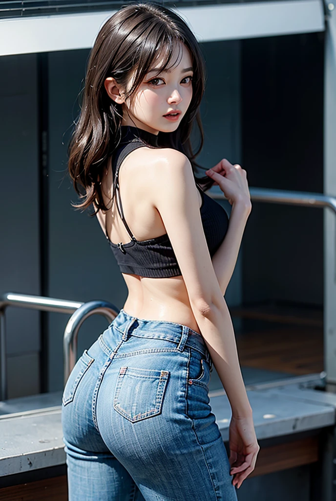 a cute young asian girl with dark skin, glasses, beautiful detailed eyes, beautiful detailed lips, extremely detailed face, long eyelashes, tight blue jeans, tight crop top, mid sized butt, high heels, looking at camera, detailed background, cinematic lighting, warm colors, photorealistic, 8k, high quality, digital art