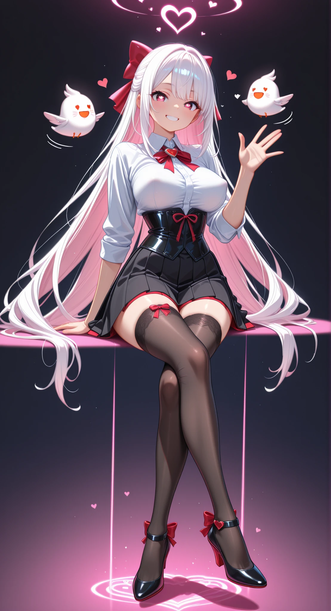 masterpiece、The best、1 female student、White cloth bun bun bun、Shoulder leakage、big breasts、chubby、Smile、Black suspenders、lace leggings、light pink lips、posing at school，（Soaked all over），legs are open， solo, White polo shirt, looking at the audience,  (Thick thighs:1.0),Yazawa Nico,red eyes, Blushed,Blunt hair,hands on hips，greet，Flower headdress，Large scissors