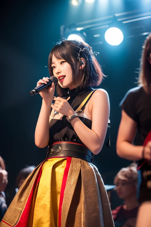 (masterpiece, Highest quality)、live house、Cute girl vocalist、Dark Eyes、Gorgeous lighting、Tight 、Black Hair、Japanese women、Stand microphone、