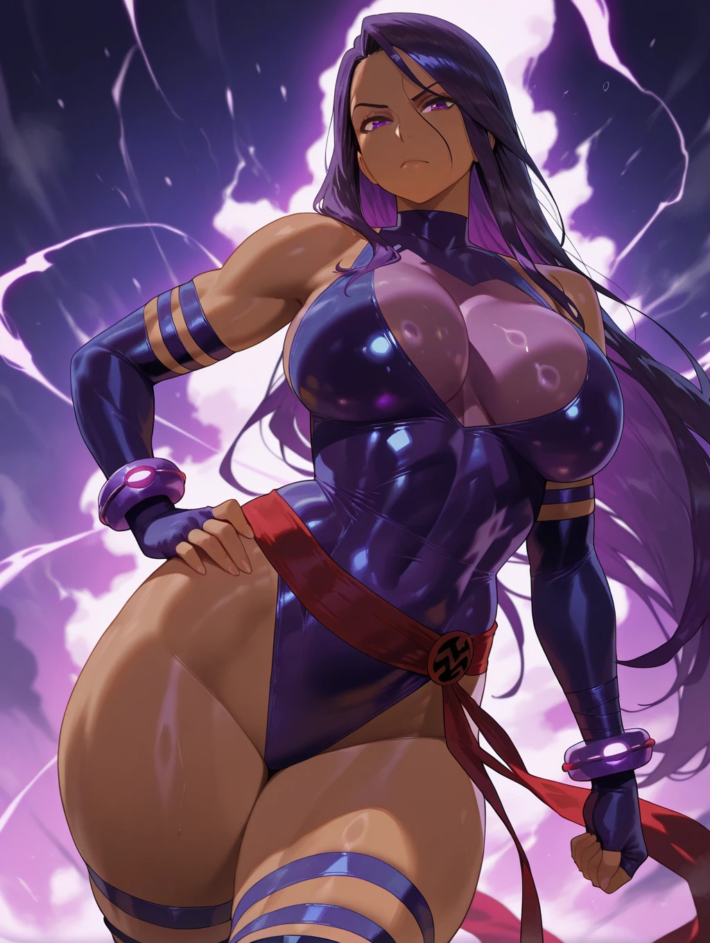 ultra-detailed, , Beautiful body, Beautiful Nose, Beautiful character design, perfect eyes, perfect face, ultra highres, 4K, beautiful legs, perfect legs, Nice hands, Perfect hand, Masterpiece, Best Quality, Highly detailed, illustration, absurdres, perfect , street fighter, doll suit, shadaloo doll, dollsuit, expressionless, blank eyes, looking at viewer, red gloves, emotionless, black , corrution, mind control, female combatant, full body, hypnotized, unhappy trance, full body suit, ribbed , both arms at side, obey, perfect female body, extremely glossy , hypnosis, hypnoLora, empty eyes, Mind control device, poses, _pose, Slave, stand up straight, standing, standing at attention, hat, necktie, belt, , ribbed , thighhighs, garter belt, Fighting Stance, extending the right arm from the shoulder into the air with a straightened hand, Salute, saluting, military, thigh boots, 1girl, hair ornaments, purple hair, long hair, purple eyes, (((pixel-perfect, detail-perfect))), solo, 1girl, Eua, Featherine Augustus Aurora, higurashi when they cry, umineko when they cry, horn