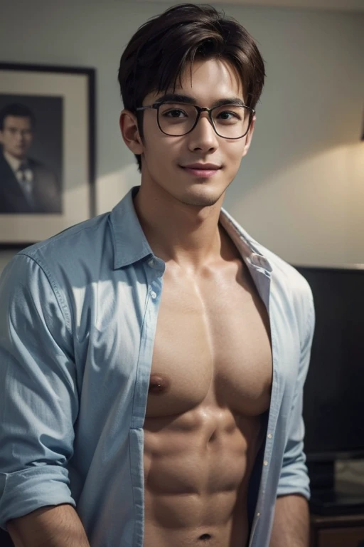 Korean gentleman,super ??????????? ,tanned skin,clean shave,wearing light blue shirt,  open ????? shirt, showing off body, toned abs and full ?????,show off ????? waistband,walk the hallway crowded,molested,Handsome and elegant,wear glasses, ???? , Masculine and handsome，musculous，Muscles look good,,, Full body photo,(ultra-detailed, photorealistic, best quality, 4k, 8k, highres, masterpiece:1.3),charming and distinguished , (muscular build body), ,sweat,, ???? face ,tight ?????, ???,, ??????, ?????, , Accessories include a luxury wristwatch, in school‎,looking at viewer,muscle veins,six pack,hyper-realistic,