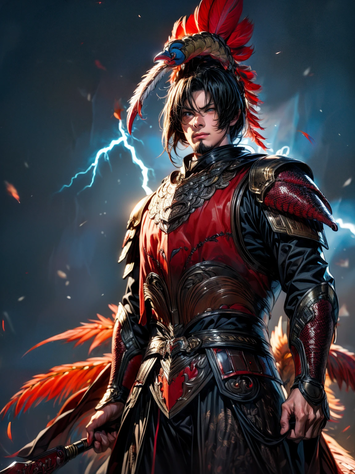 (Masterpiece:1.2), (Best Quality:1.2), (high resolution:1.2), (beautiful face and eye:1.2), (sharpest focus:1.2), (Ultra-realistic Photo:1.2), (Ultra-precise Photo:1.2), (Depth of field:1.2), (8k high resolution:1.2), (perfect :1.2), (nice hands:1.5), 
(perfect hands:1.5), (Very young, beardless, beautiful Chinese man:1.8), (Light clothing:1.0), (All red clothing:1.3), (A spear with a very elaborate and gaudily decorated small axe is swung widely:1.3), Fierce single combat, 
(A small hill with glowing red lightning bolt:1.0), (look into the distance:1.2), (look into the distance:1.2), 