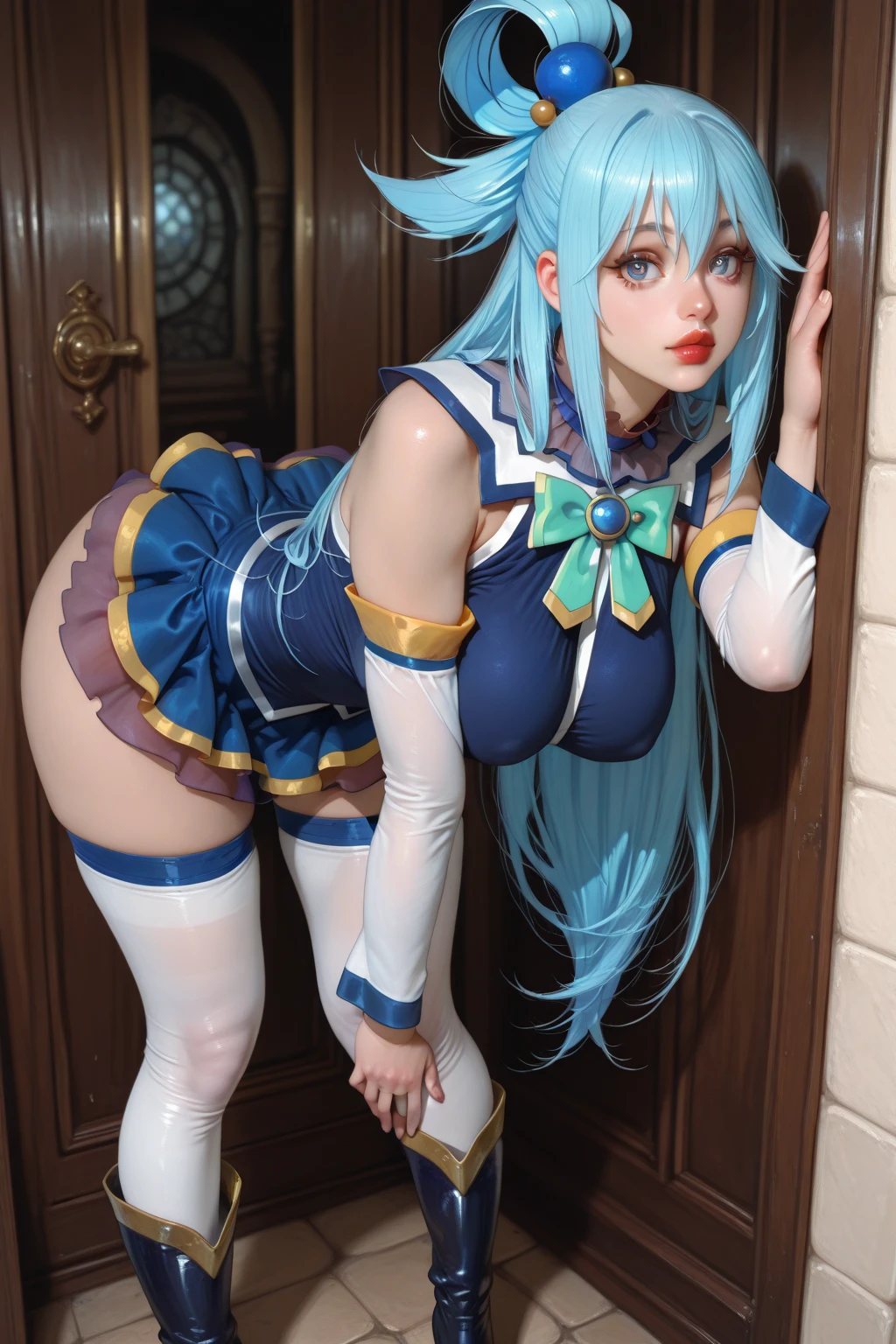 anime style ?????, 1 girl, Aqua Konosuba, ???? pose, thick thighs, buffer, ????????, White background