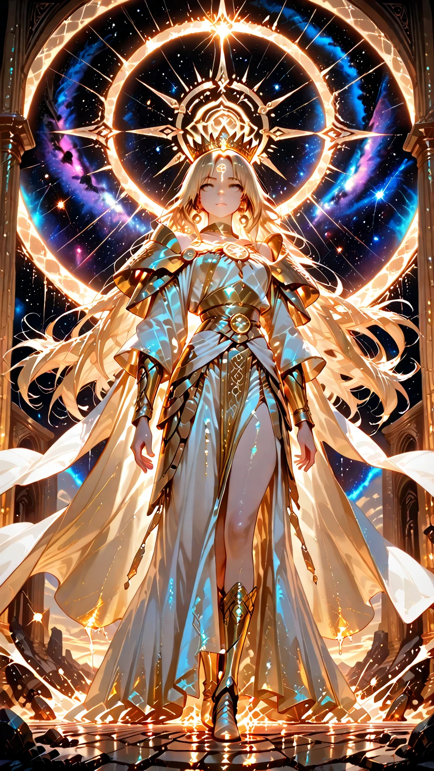 A woman with long, golden hair, with majestic wings on her back, is standing in a nocturnal landscape illuminated by a soft light. Her dress is golden and fluid, matching perfectly with the glow of the stars in the background.
