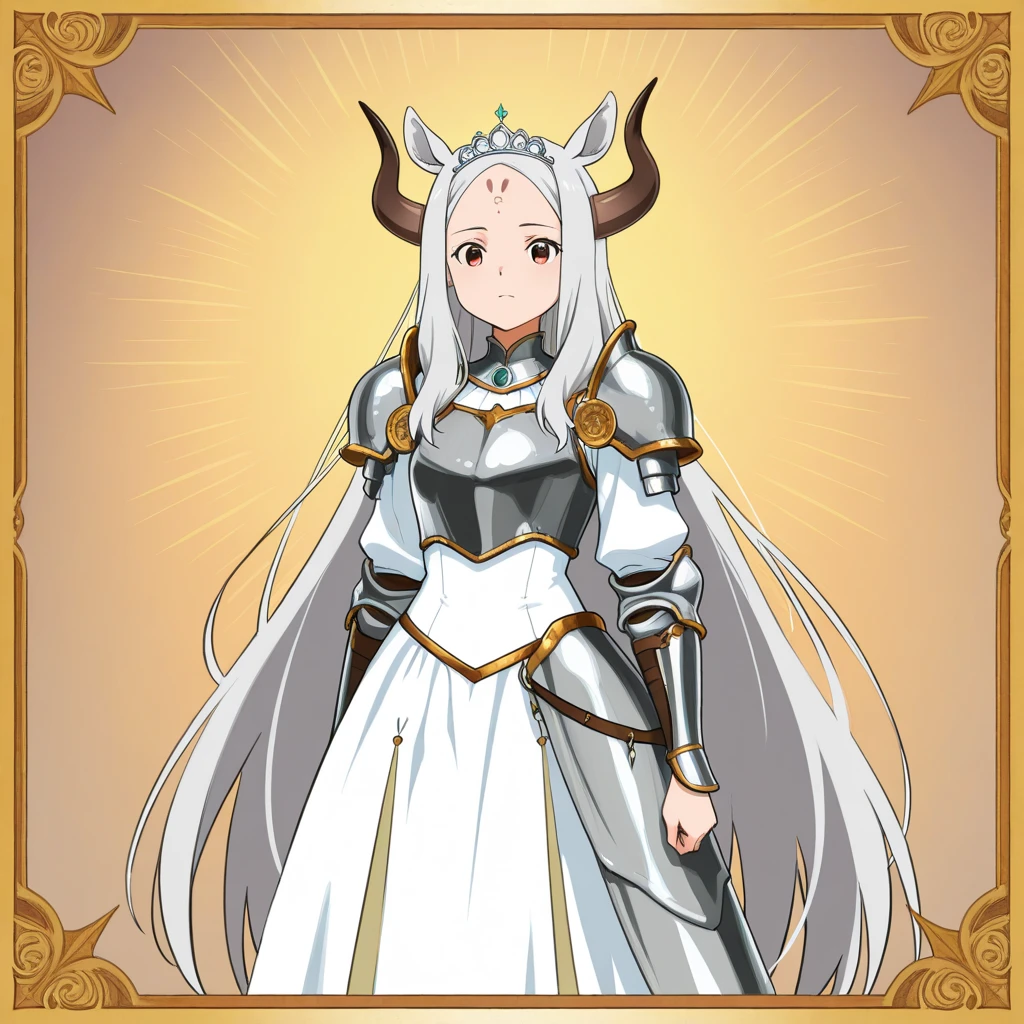 1girl,20 years old,solo,(white background,line drawing),long hair,light blond hair,horns,gold knight armor,cow ears,serious,portrait,closed eyes