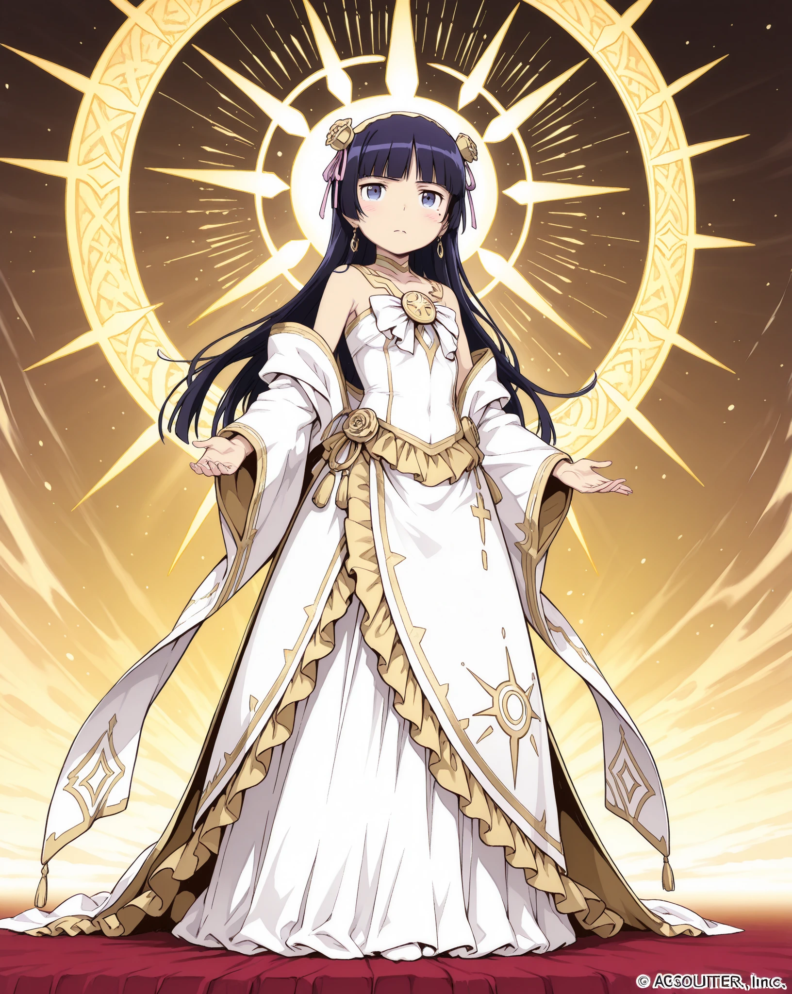 Woman , very long black hair with a little golden bang , a long white skirt with gold justice accessories, a yellow blindfold with a gold justice balance in her hand , goddess of justice