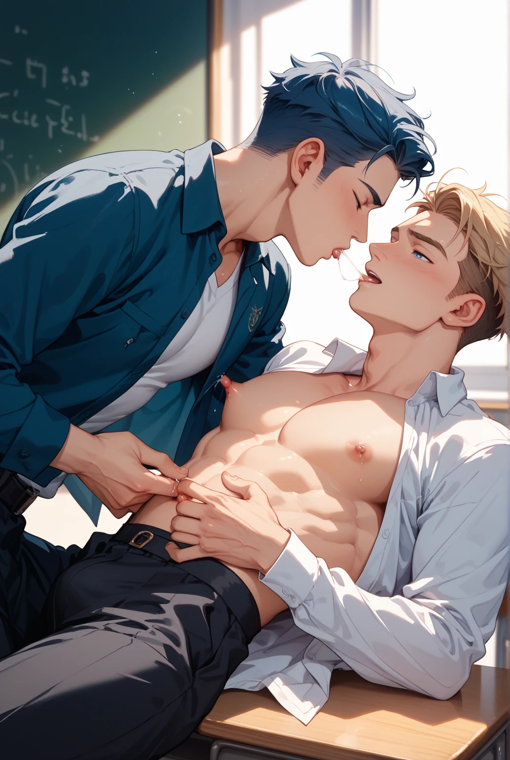 best quality, masterpiece, bodybuilder man, (short blond hair), wearing ripped business suit, no bottoms, ???????? with a grinning man wearing fancy suit, ???????????????, grab ??????, grab hair, ???????, projectile ???, shouting, blushing, ????, gay, homoerotic, extremely dramatic shadows, front view, perfection, no watermark, no logo, no signature