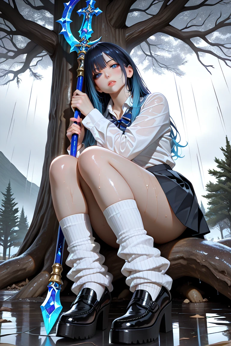 The image is of a beautiful woman wearing a tight fitting uniform. The woman has long flowing pink hair with strands of braided hair tied with red ribbon throughout. She has gorgeous green eyes that shine like emeralds. Her face is youthful and gorgeous. Her breasts are ample and seem too large for her uniform. She is short in height but well developed -a short stack. She blushes as you look at her. She's standing in an autumnal forest near a serene body of water. It's night time and a full moon lights the scene. A gentle breeze suspends fallen autumn leaves around her and lifts up her skirt revealing her blue and white striped . The image is ultra detailed with gorgeous colors, perfect line work, and detailed shading. The image really portrays the sexiness of the character. YasogamiFemaleWinter, black shirt, long sleeves, black sailor collar, yellow neckerchief, grey skirt, black thighhighs, autumn, serene water, lifted skirt,  reveal, night time, gentle breeze, 