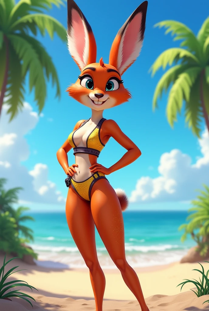 ((ultra quality)), ((tmasterpiece)), tawna bandicoot from Crash Bandicoot 4 , ((blonde woman)), ((there are only bandicoot ears)), (blue and yellow short hair tawna bandicoot), (earrings in the ears), (dark makeup), (Beautiful cute face), (beautiful female lips), Charming, (nose tawna bandicoot), ((???? facial expression)), is looking at the camera, eyes are slightly closed, ((skin color red)), (there is cat hair on the body), Body glare, ((detailed beautiful female eyes)), ((dark green eyes)), (beautiful female hands), ((perfect female figure)), perfect female body, Beautiful waist, nice feet, black claws, Gorgeous ????, beautiful ???????, ((Subtle and beautiful)), seductively worth it (seen ???????????), (???? green ??????) background: seaside, ((Depth of field)), ((high quality clear image)), (crisp details), ((higly detailed)), Realistic, Professional Photo Session, ((Clear Focus)), the anime, ????