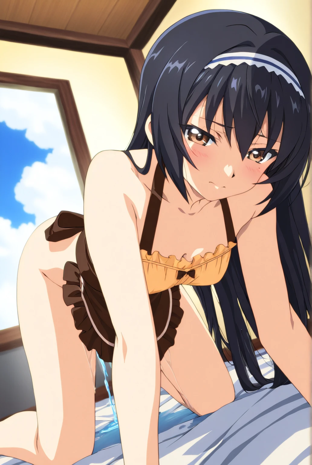 1 girl,(bed),(yukih0sita yukino),embarrassed face,underwear,(whole body:1,0),sit,long legs,barefoot,,(pussy :1.0),(white bra),(White ruffled panties),